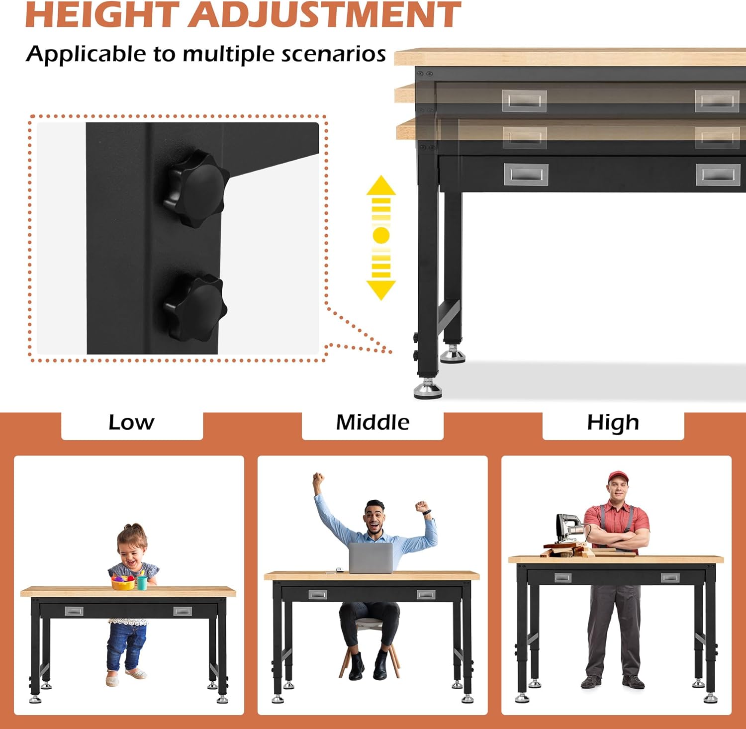 Antifir 48" Adjustable Workbench, Heavy Duty Workstation with Storage Drawer | Garage Workbench, 2000 LBS Load Capacity