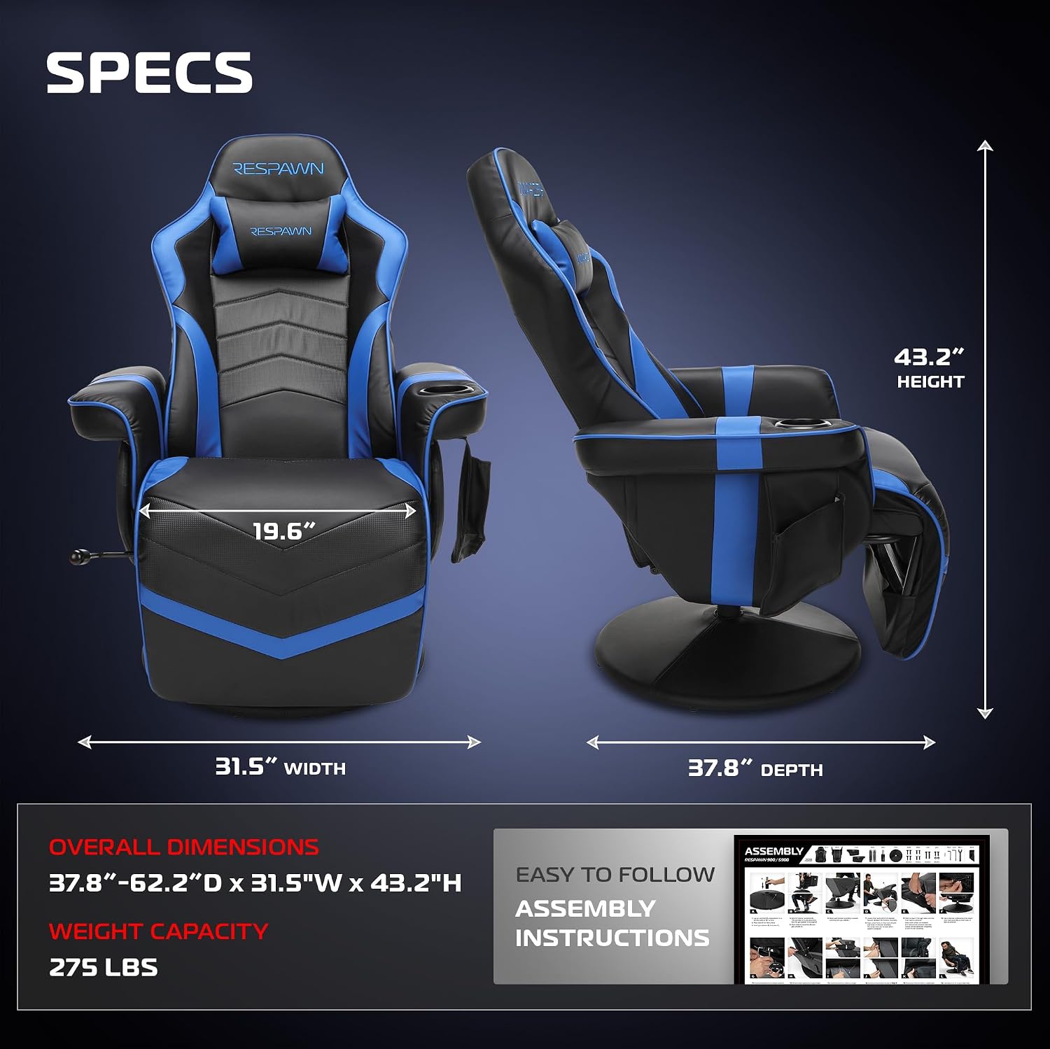 Respawn 900 Gaming Recliner Chair with Footrest, Cup Holder and Swivel