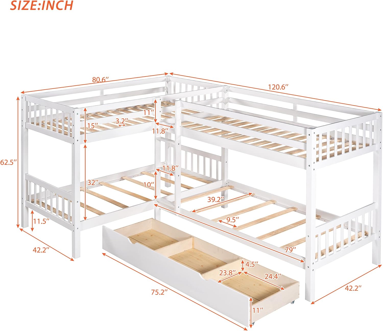 Harper & Bright Designs Twin L-Shaped Bunk Bed with Trundle, Can be Divided into Two L-Shaped Beds, No Spring Box Needed (Grey)