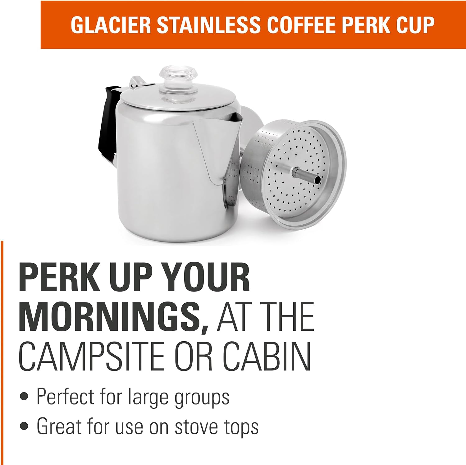 GSI Outdoors Percolator Coffee Pot I Glacier Stainless Steel with Silicone Handle for Camping, Backpacking, Travel, RV & Hunting - Stove Safe