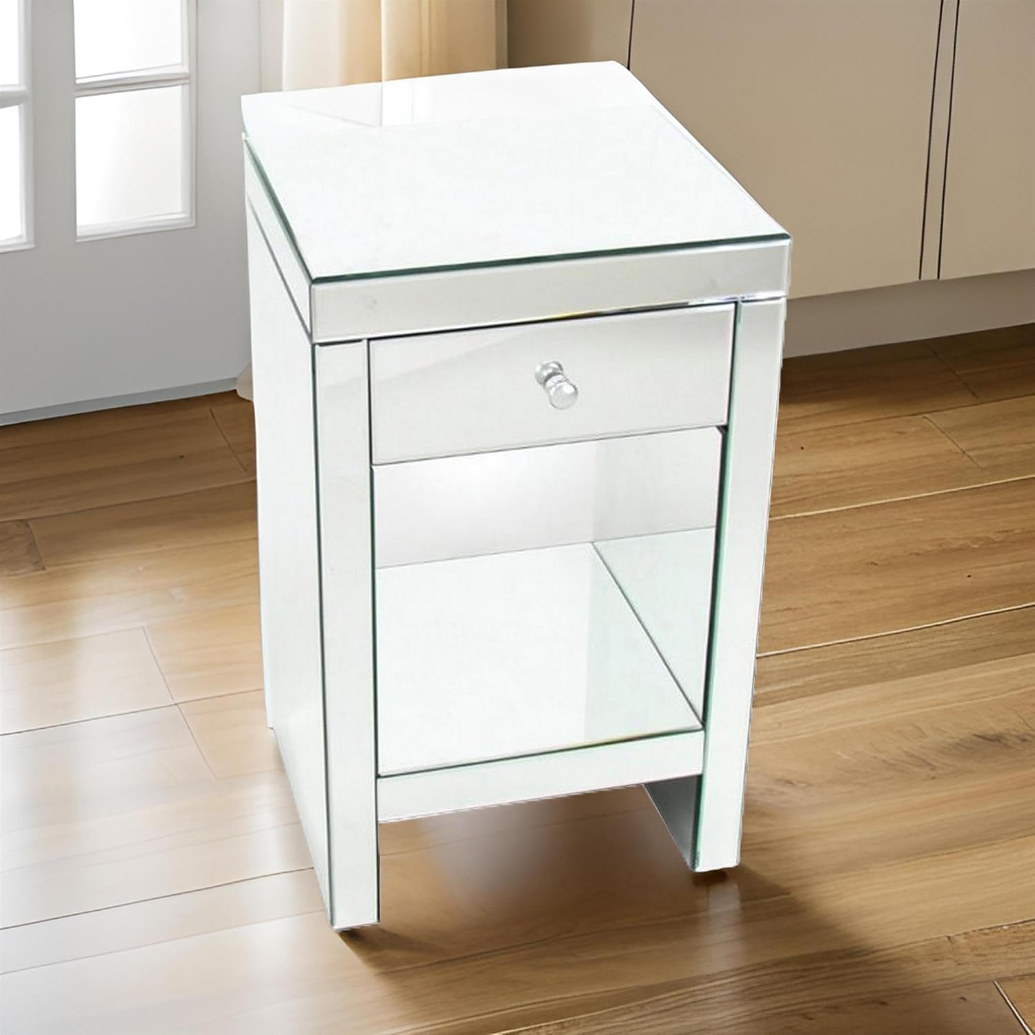 Benjara 26" Beveled Mirror Chest with 1 Drawer- Silver