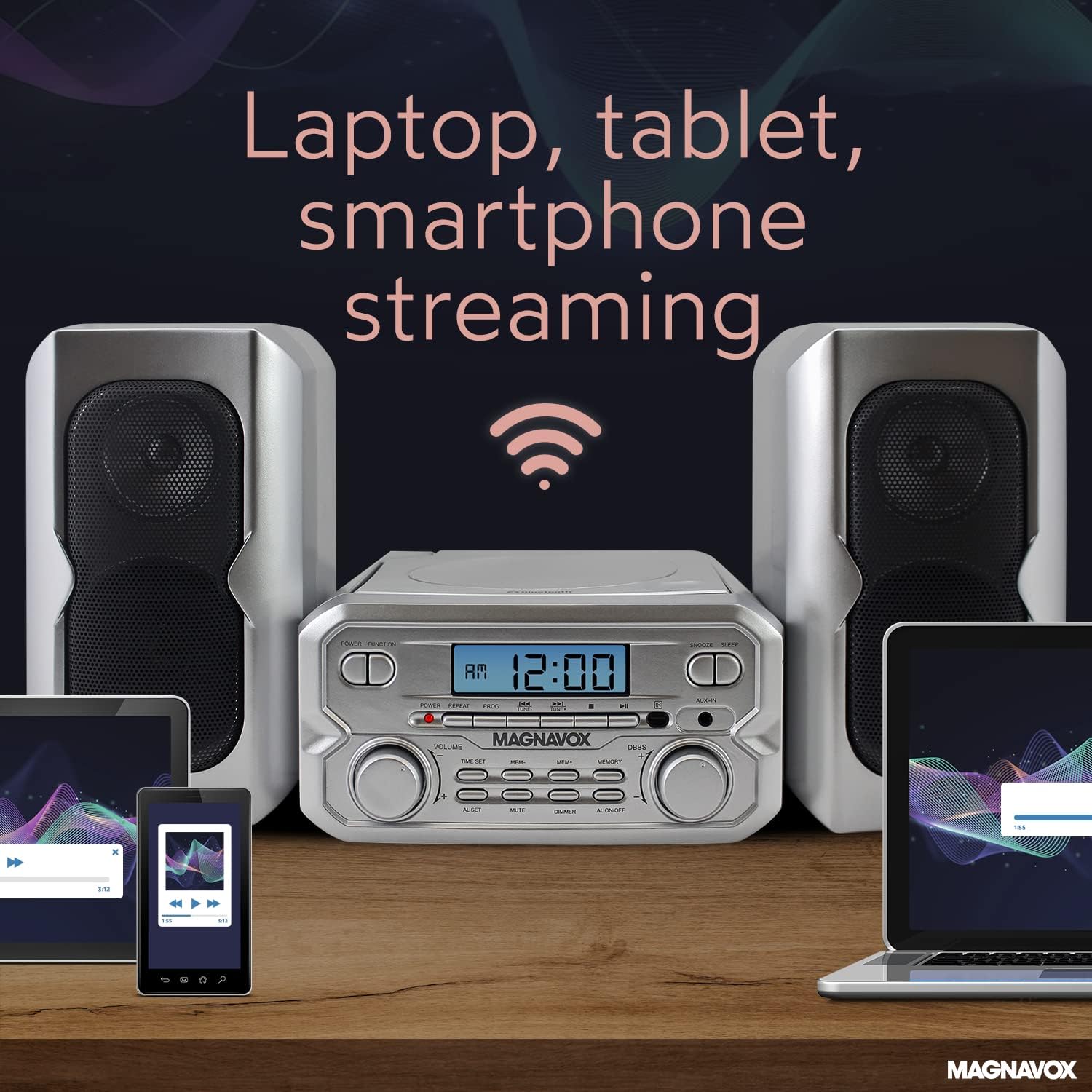 Magnavox 3-Piece Compact CD Shelf System with Digital FM Stereo Radio, Bluetooth Wireless Technology