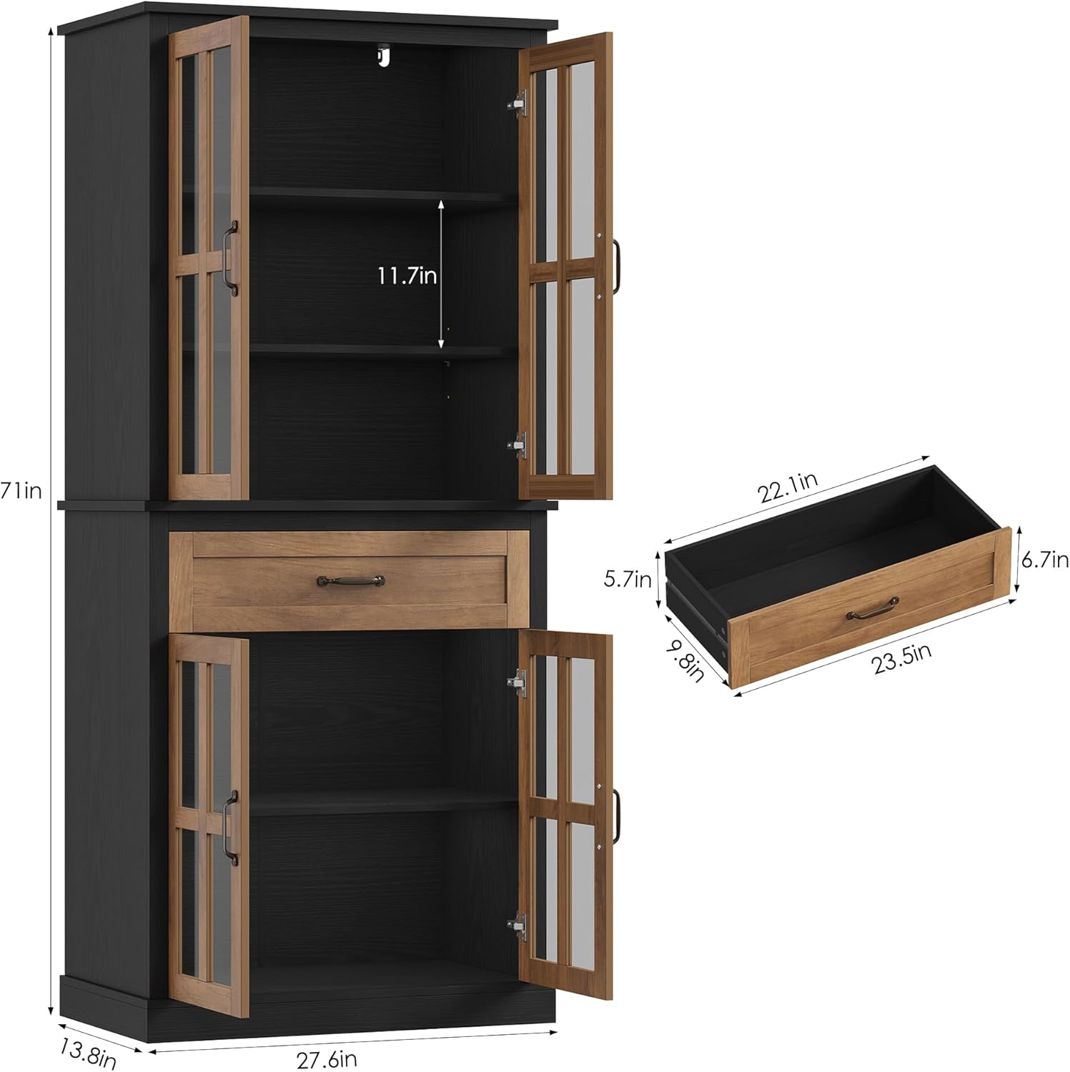 FOTOSOK 71'' Tall Kitchen Cabinet with Glass Doors and Drawer | Freestanding Food Pantry with Adjustable Shelves for Dining, Living Room, Natural