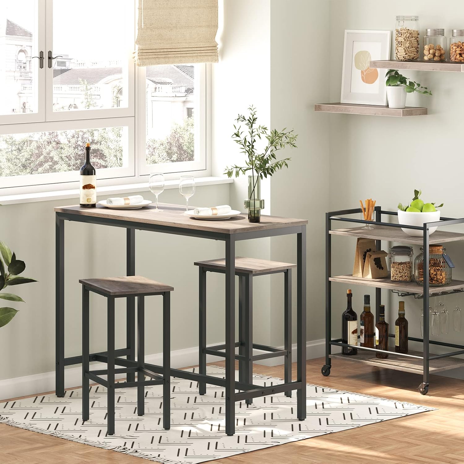 HOOBRO Bar Table and Chairs Set, 47.2” Rectangular Pub Table with 2 Stools for Small Space, 3-Piece Breakfast stools Set, Sturdy Metal Frame