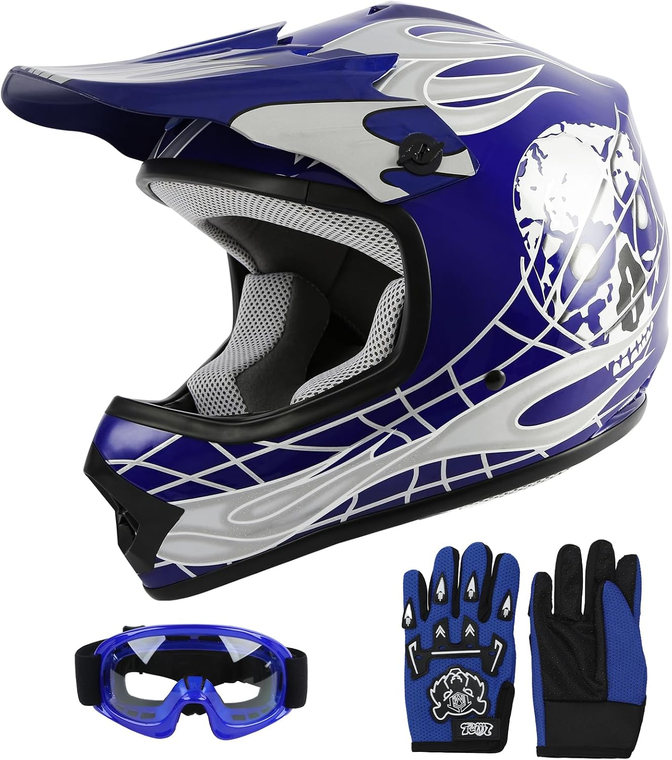 SLMOTO ATV Helmets for Kids Youth DOT Motocross Offroad Street Helmet Motorcycle Blue Helmet Dirt Bike Motocross Helmet+Goggles+Gloves