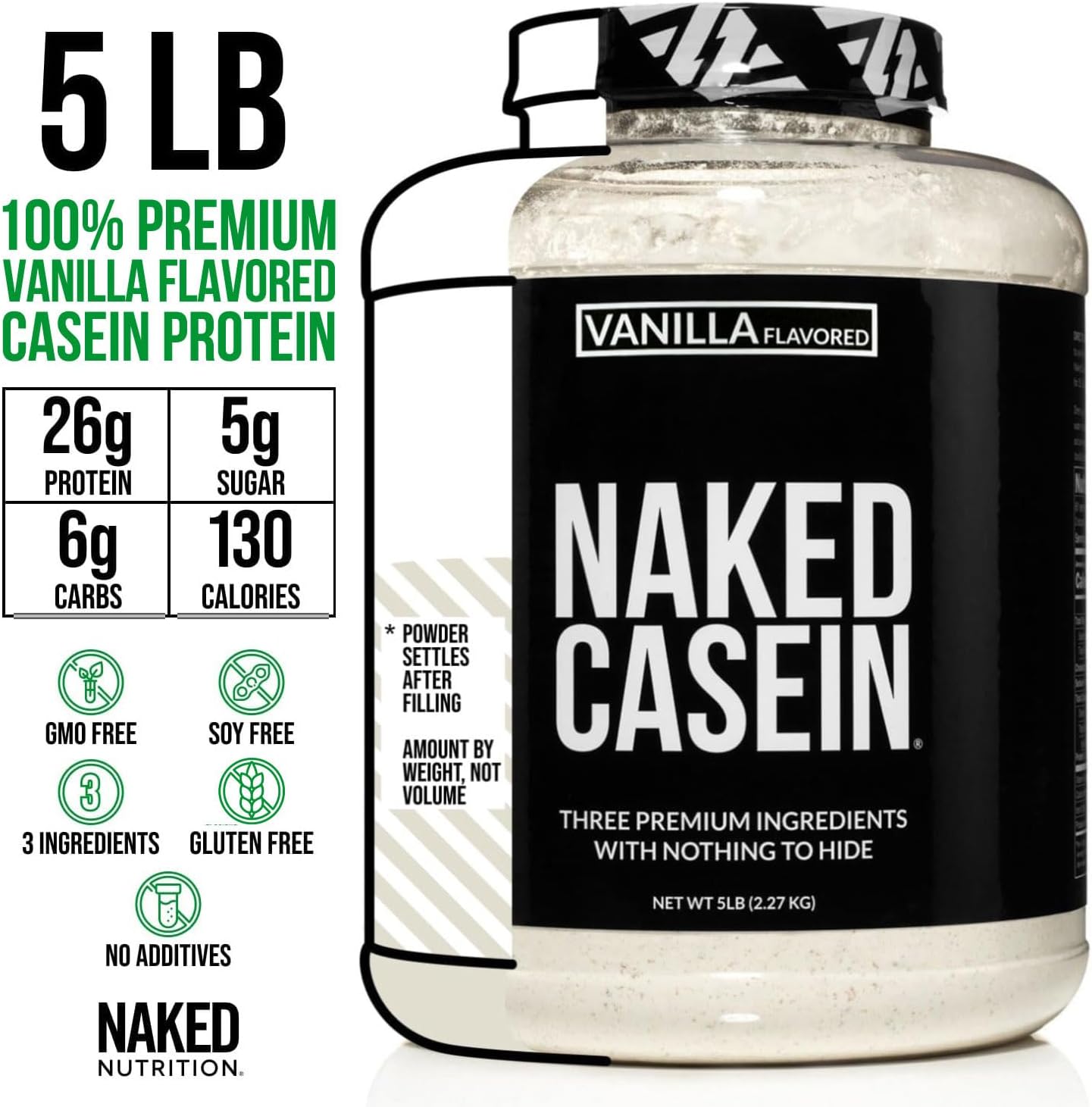 NAKED Casein - Vanilla Micellar Casein Protein - 5 Pound Bulk, NSF Certified, GMO-Free, Gluten-Free, Soy-Free, Preservative-Free - Stimulate Muscle Growth - Enhance Recovery - 61 Servings