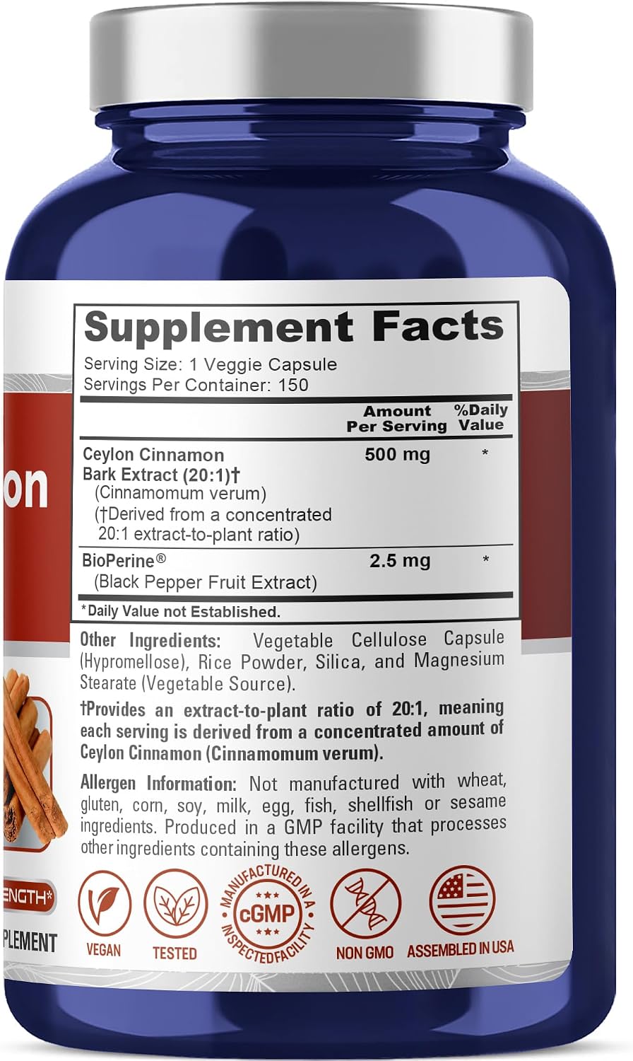Ceylon Cinnamon, Non-GMO, Vegan, 500mg, 150 Capsules - 150 Servings