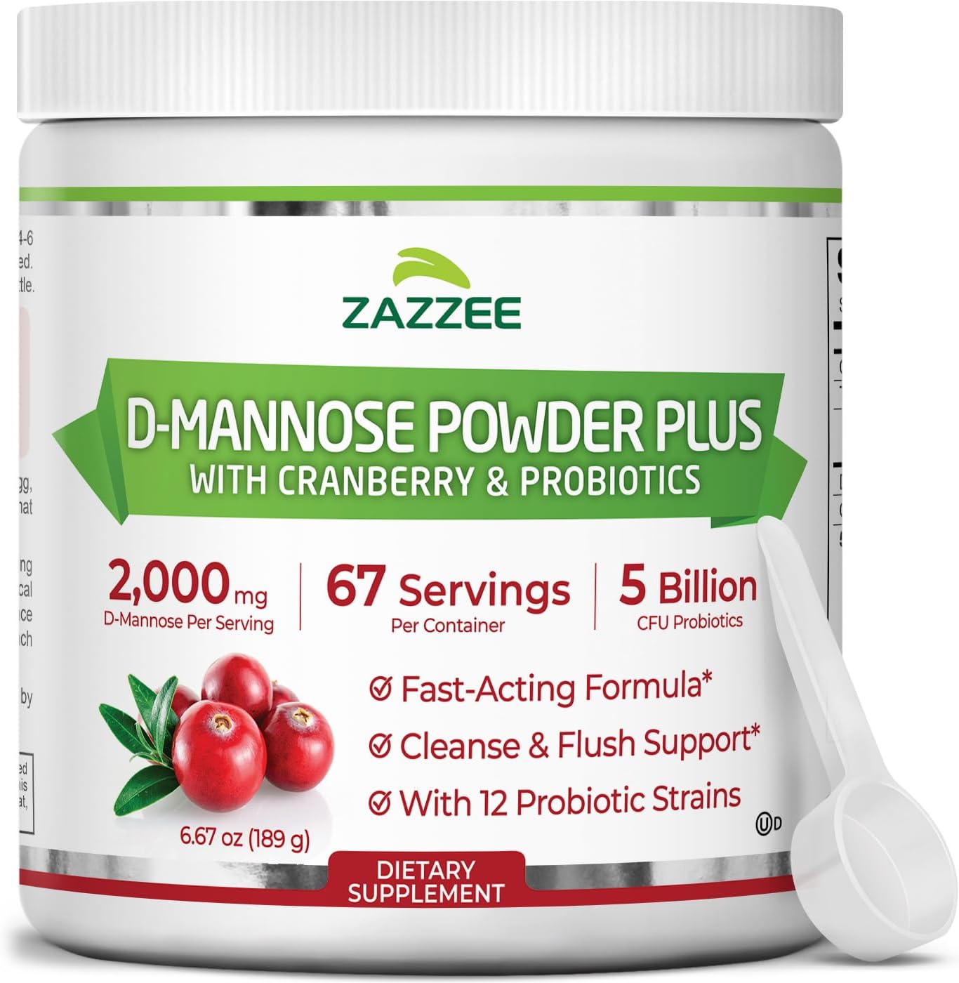 Zazzee D-Mannose Powder Plus, 2000 mg, 67 Servings, Free Scoop, Made in USA | Plus 5 Billion CFU Probiotics and Pure Cranberry Juice Extract, Kosher, 6.67 oz, Urinary Tract & Bladder Support, Non-GMO
