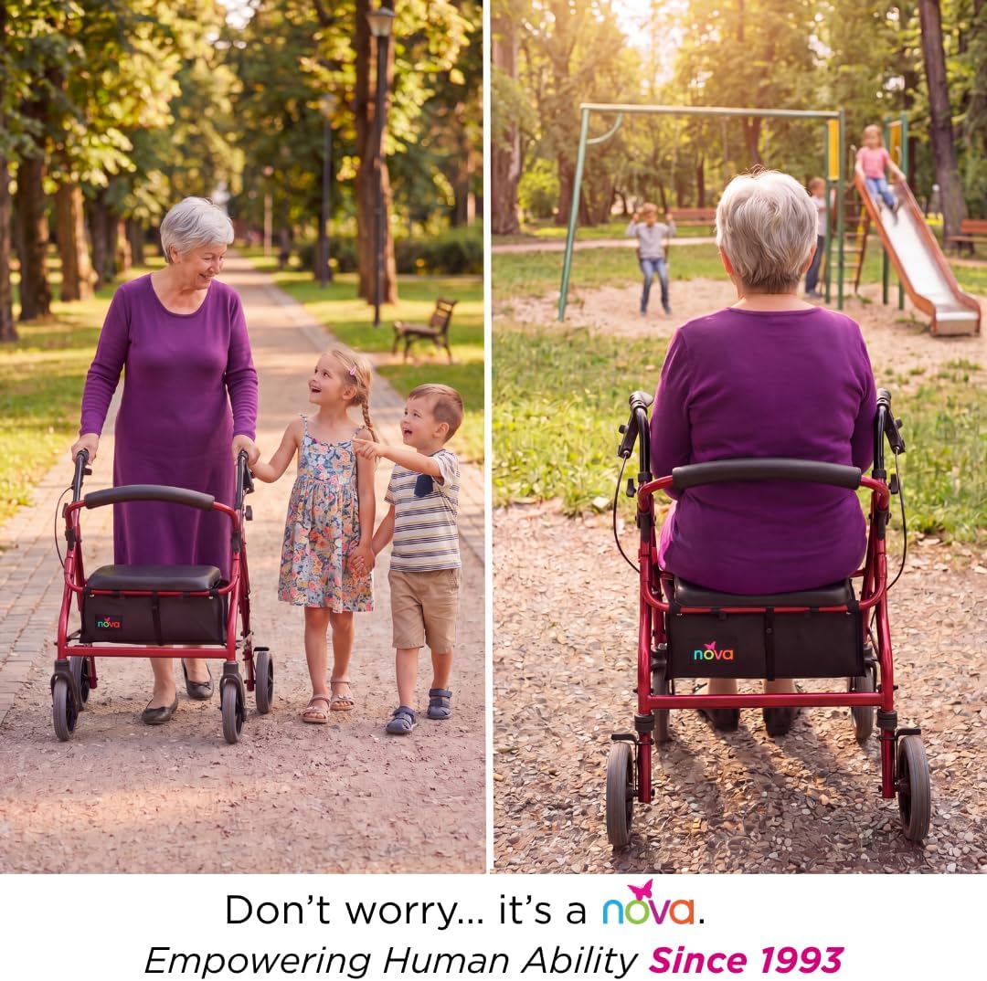 NOVA Zoom 22 Rollator Walker for Seniors, Rolling Walker with Locking Hand Brakes, Padded Seat & 8" Wheels, Lock N Load for Easy Transport & Storage, Adjustable Height 5'5"–6'1", Red