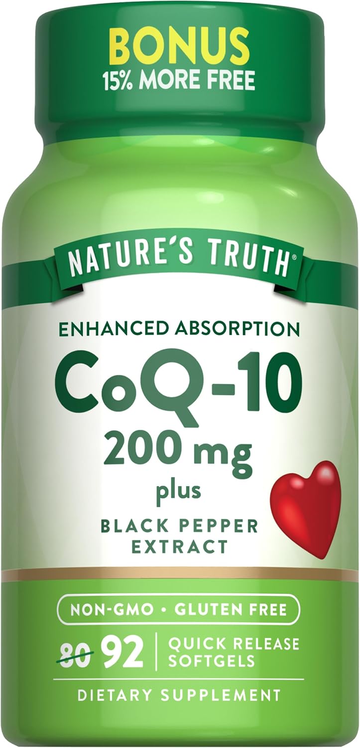 Nature's Truth CoQ10 200 mg Softgels | 92 Count | Enhanced Absorption | with Black Pepper Extract | Non-GMO & Gluten Free Supplement | with Black