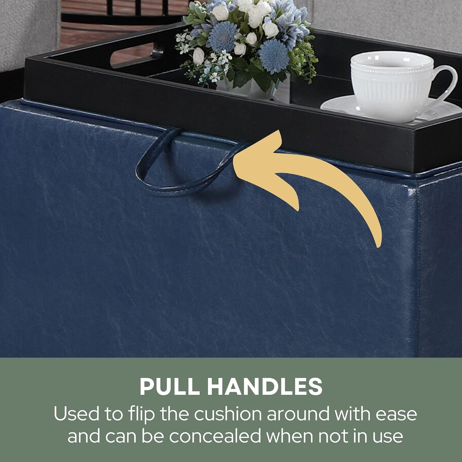 Convenience Concepts Designs4Comfort Accent Storage Ottoman 22.75" - Modern Foot Stool with Decorative Tray for Living Room, Dining Room, Office, Blue Faux Leather