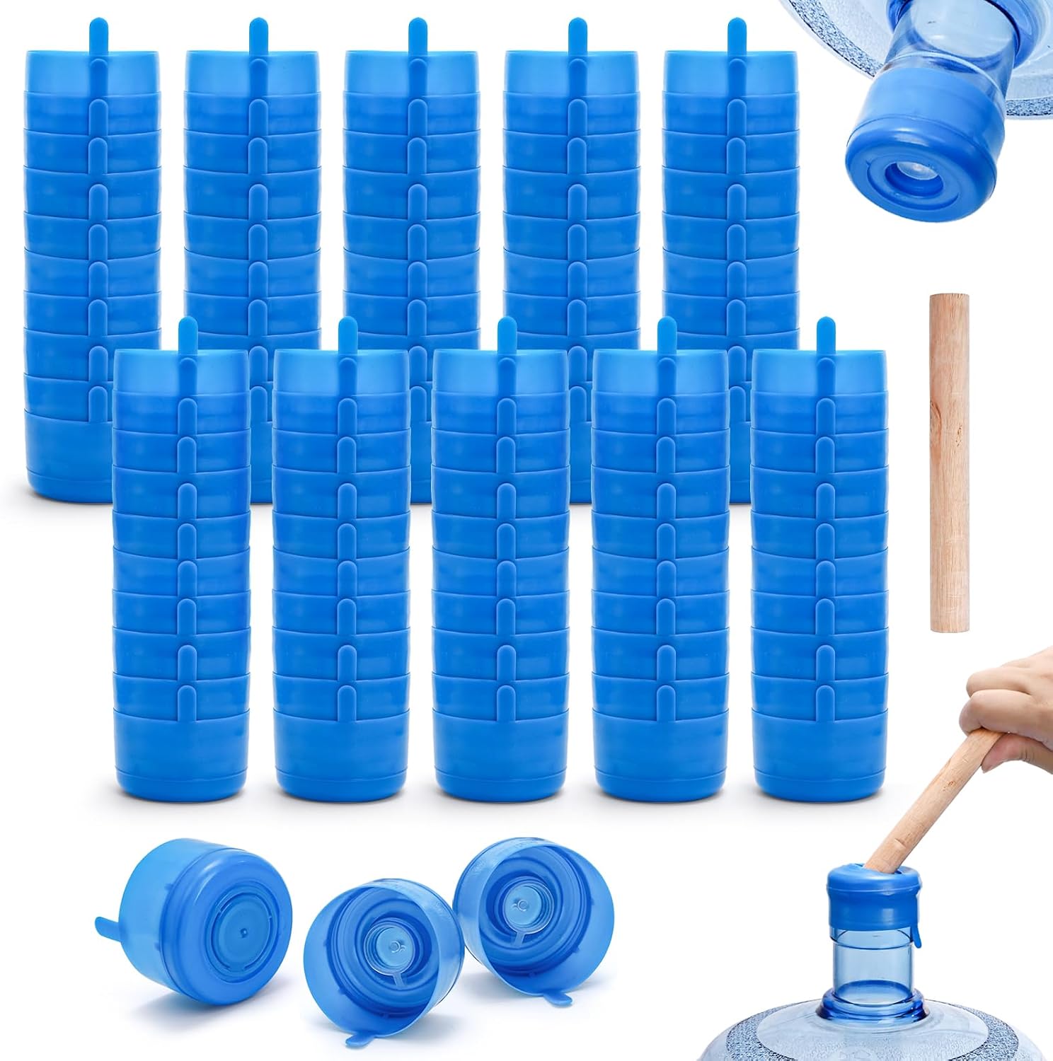 Jucoan 100 Pack Water Bottle Caps, 55mm 3&5 Gallon Non Spill Water Jug Caps, Replacement Snap On Caps for Water Dispenser Jugs