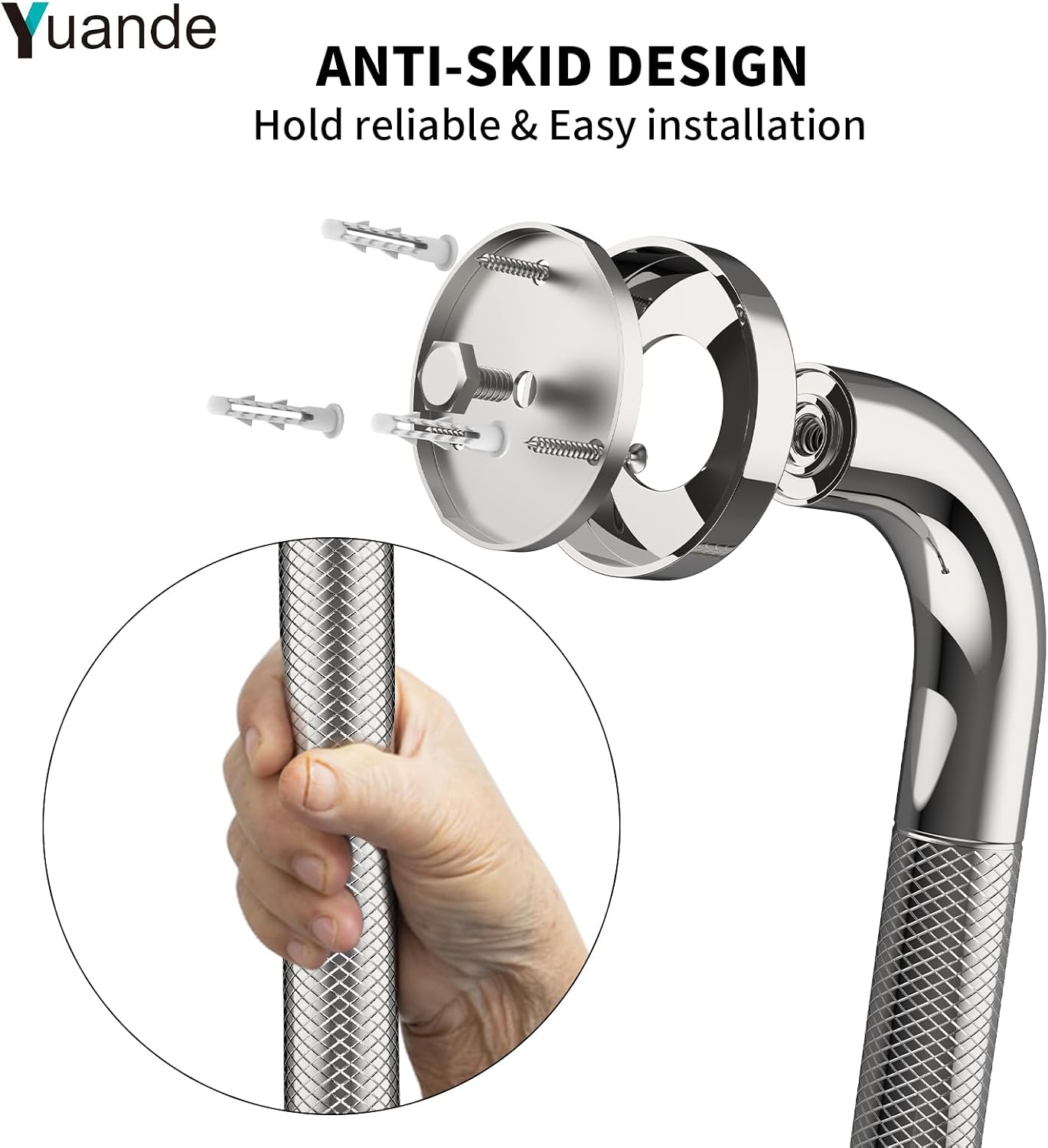40 Inch Brushed Nickel Shower Grab Bar Anti-Slip Knurled Grip,Safety Handle | YuanDe 1.25" Diameter Stainless Steel Bathroom Grab Bars, Handicap Injury Elderly Senior Assist Support Shower Handle-2Packs