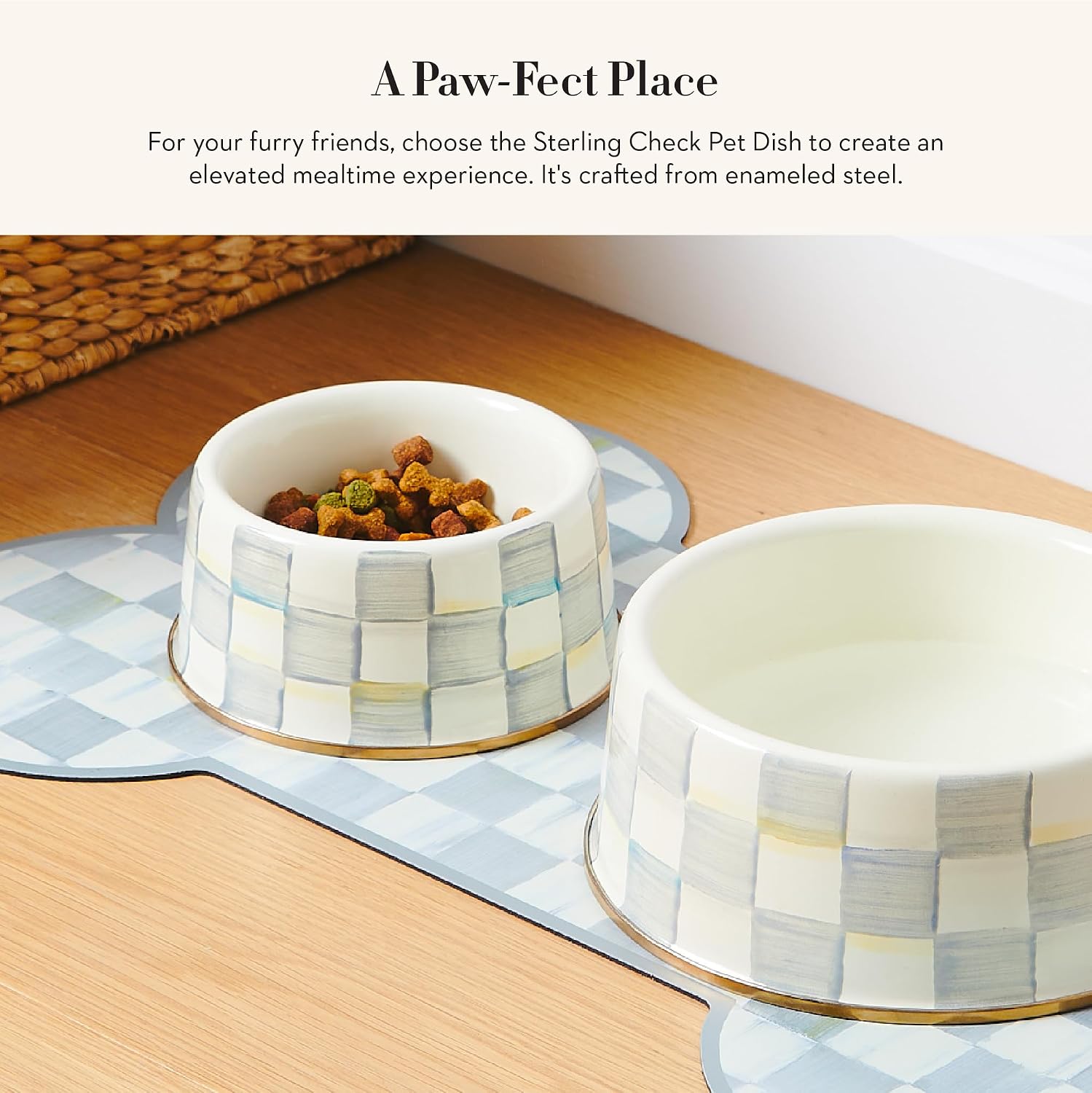 MACKENZIE-CHILDS Enamel Pet Dish, Large, Black-and-White Courtly Check | Decorative cat and dog bowl for food and water, 40-ounce capacity