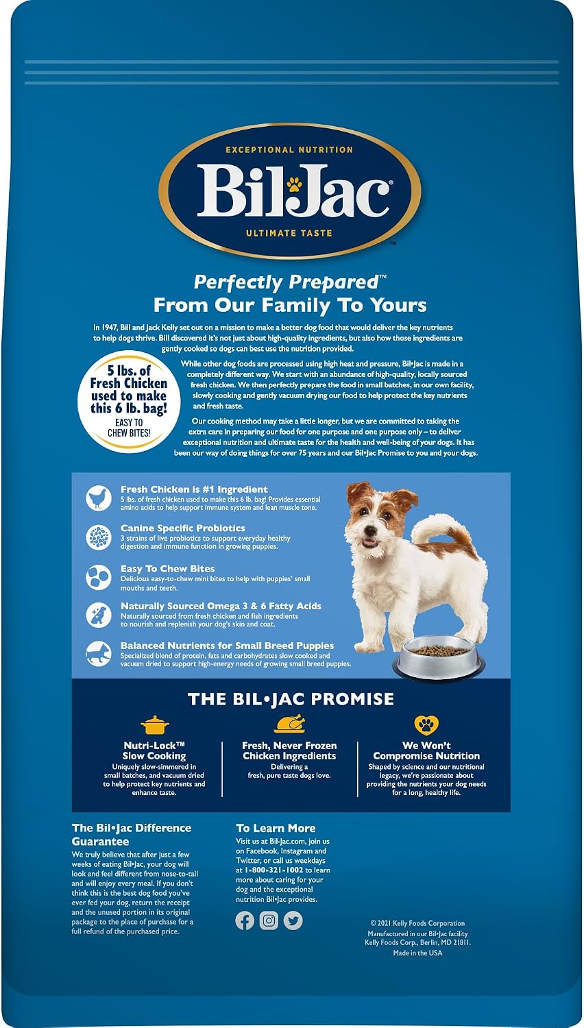 Bil-Jac Small Breed Puppy Dry Dog Food with Chicken, Oatmeal & Yams | 6 lb | Fresh Chicken Is the #1 Ingredient with Probiotics, Easy-to-Chew Bites & Omega Fatty Acids to Support Healthy Puppy Growth