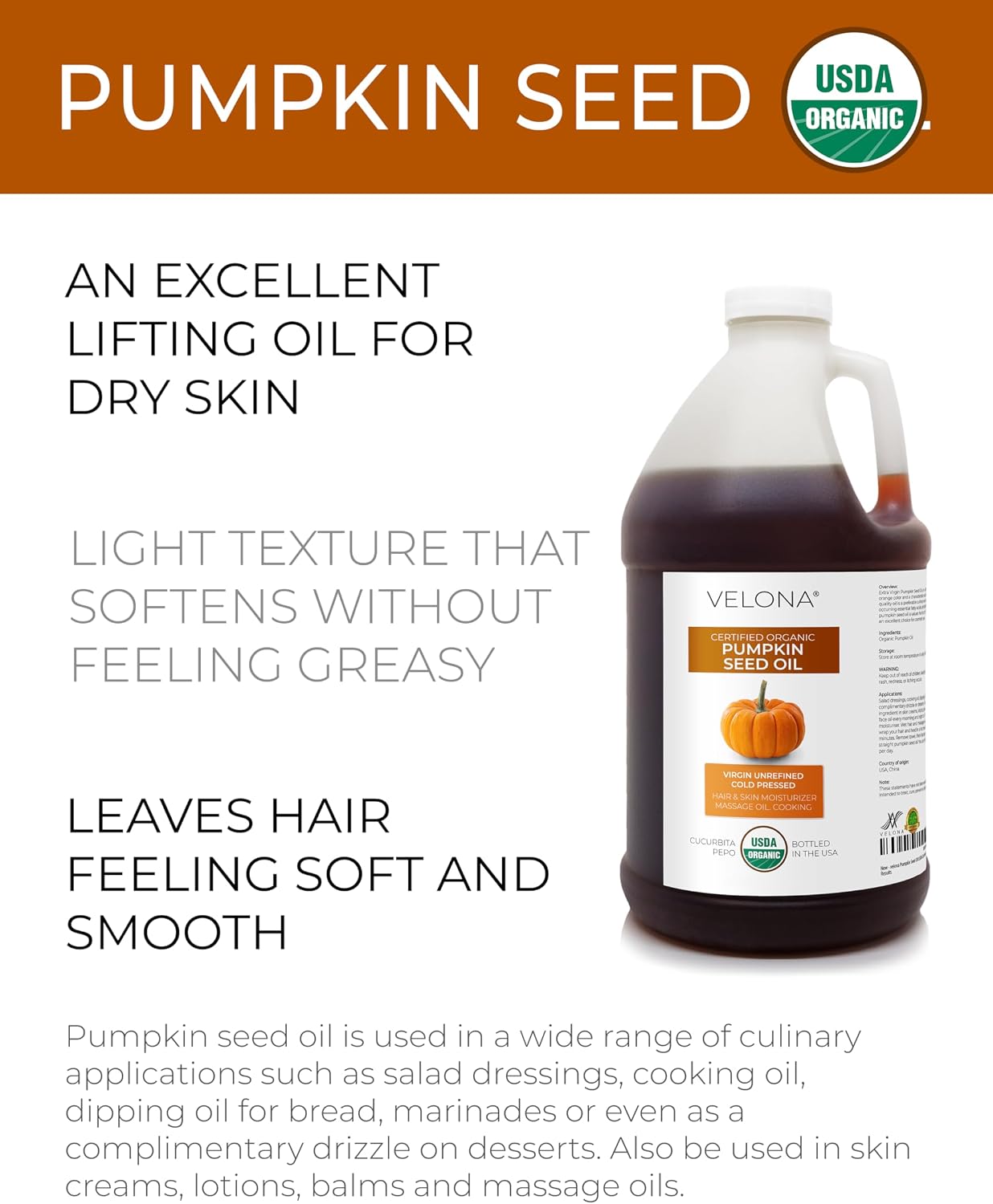 velona Pumpkin Seed Oil USDA Certified Organic - 64 Fl Oz | 100% Pure and Natural Carrier Oil | Unrefined, Cold Pressed | Cooking, Face, Hair