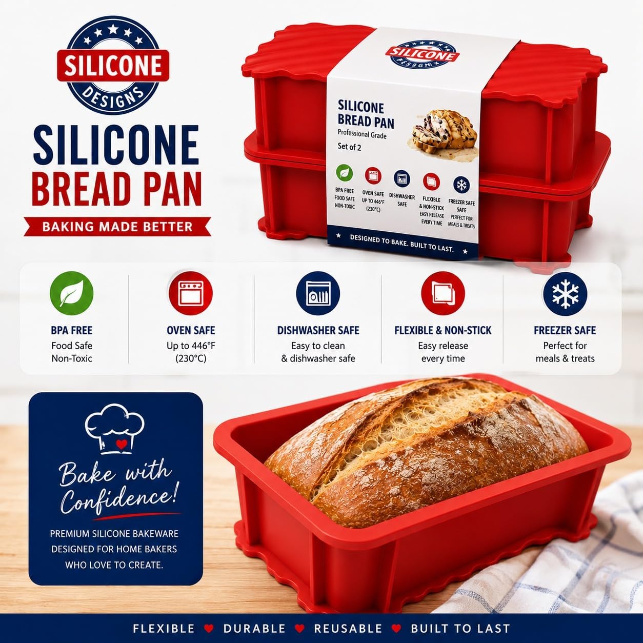 Silicone Large Bread Pan Set - Non-Stick 2PCS Baking Mold for Homemade Cakes, Breads, and Quiche | Premium Kitchen Pan | Dishwasher Safe 9.25L x 3.9W
