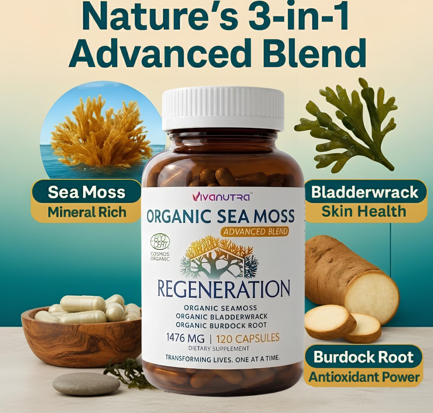 Organic Wildcrafted Sea Moss Capsules, 1476mg, Nova Scotia, 120ct