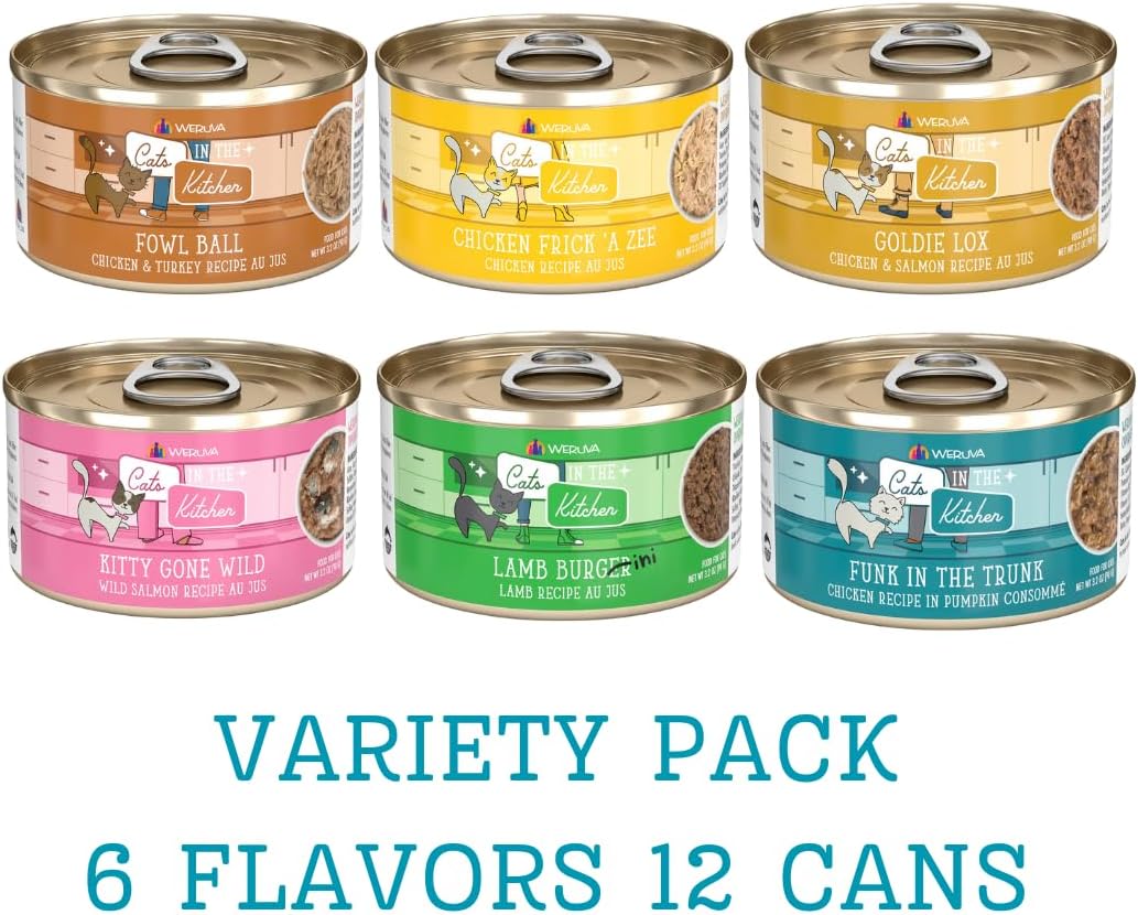 Weruva Cats in The Kitchen 6 Flavor Variety Pack of 12 Cans, 6oz | Grain-Free Wet Canned Cat Food