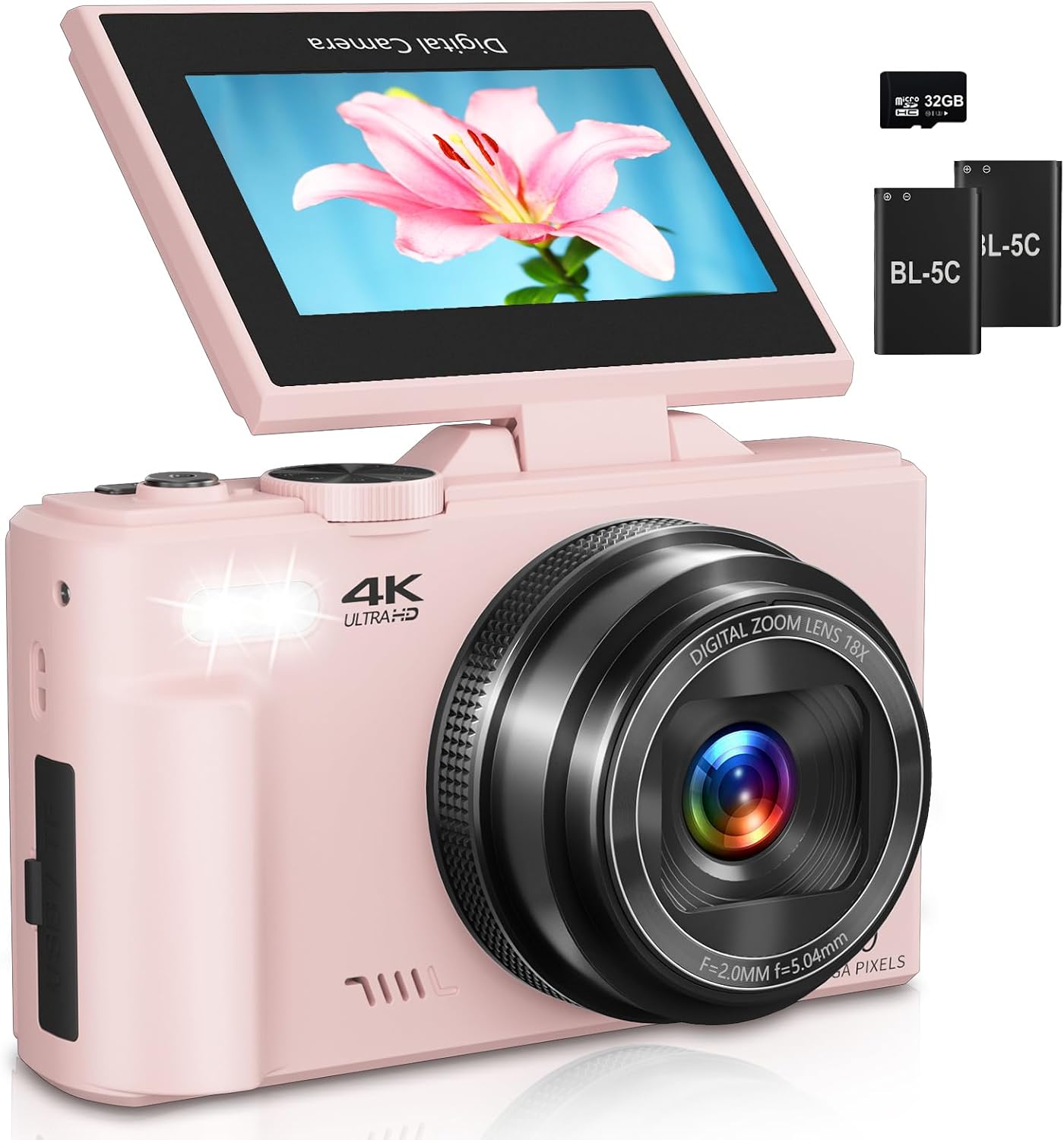 Digital Camera for Photography, 4K Vlogging Camera for YouTube 3" 180° Flip Screen 18X Digital Zoom Compact Retro Cameras with 32GB TF Card & 2 Batteries, Black