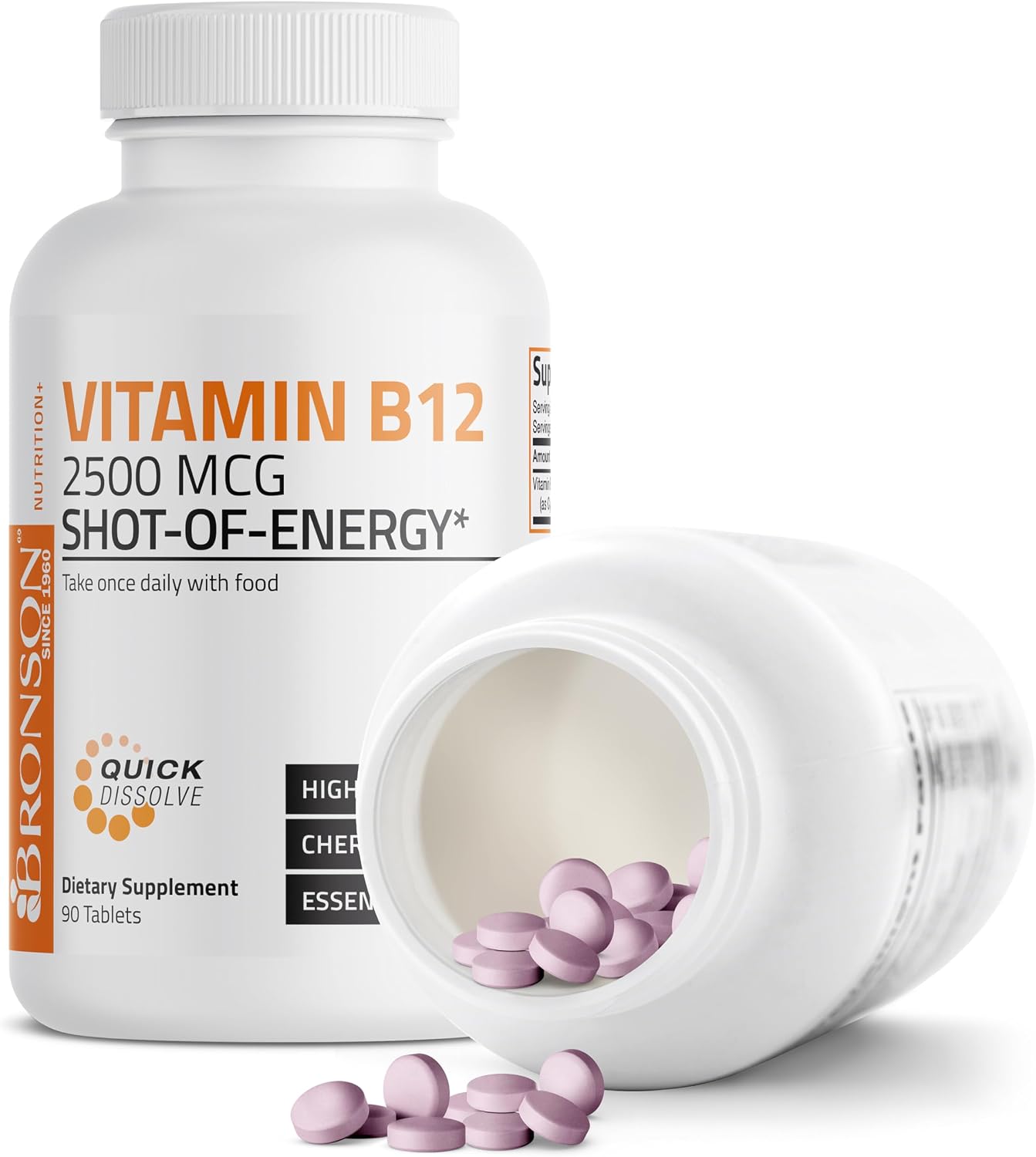 Vitamin B12 2500mcg Shot of Energy Fast Dissolve Chewable Tablets - Quick Release Cherry Flavored Sublingual B12 Vitamin - Supports Nervous System, Healthy Brain Function Energy Production – 90 Count