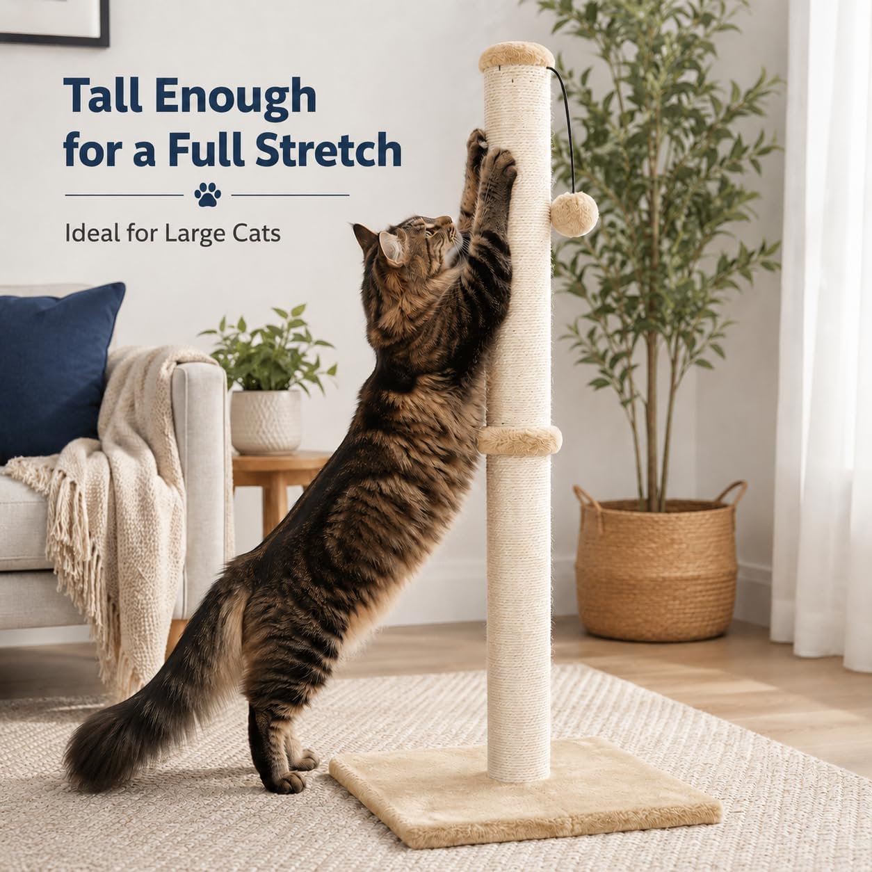 Dimaka 29" Height Tall Cat Scratching Post, Claw Scratcher with Sisal Rope and Covered with Soft Smooth Plush, Vertical Scratch [Full Strectch] for Standard Size Cats(Grey, 29 inches for All Cats)