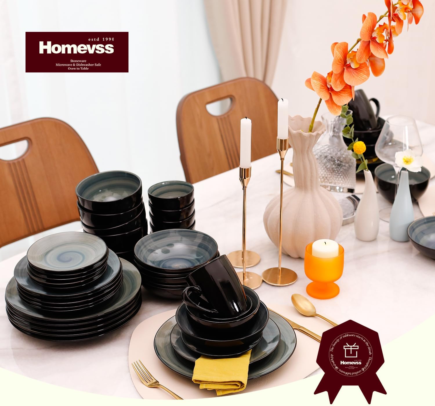 HomeVss, Sonoma Stoneware Dinnerware Set, Outside Black + Inside Hand Painting Color (16pc Set, Grey)