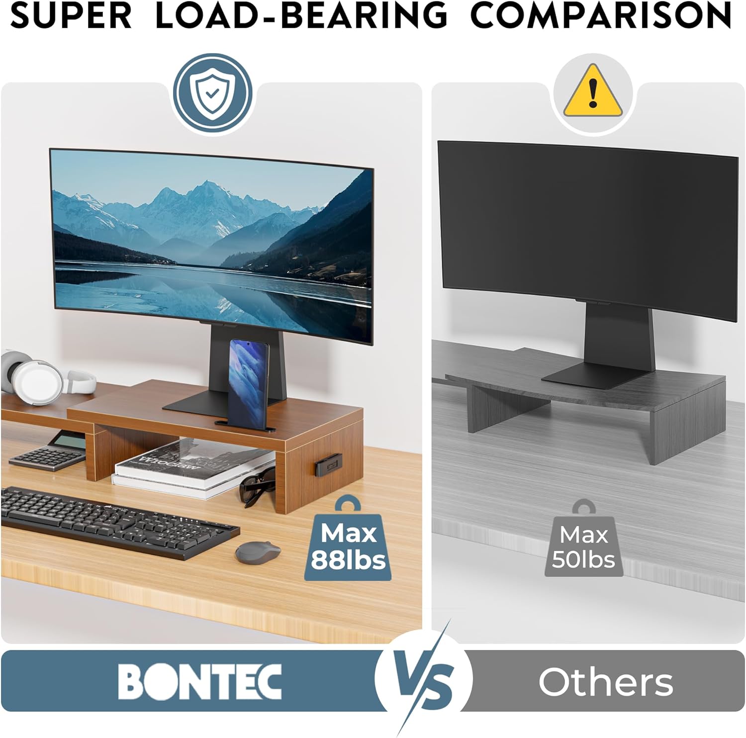 BONTEC Dual Monitor Stand Riser, Adjustable Length & Swivel Angle, Black
