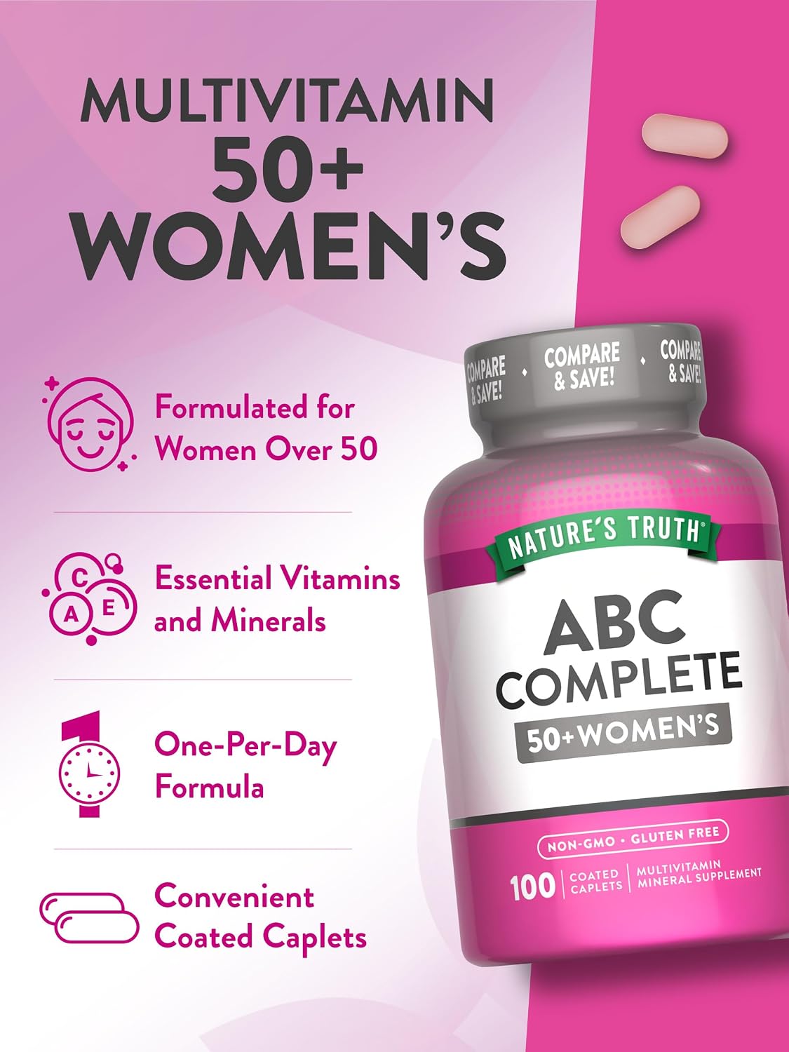 Nature's Truth Women's 50+ Multivitamin Caplets | 100 Count | with Vitamin A, C, D, E and Zinc | Non-GMO & Gluten Free Supplement