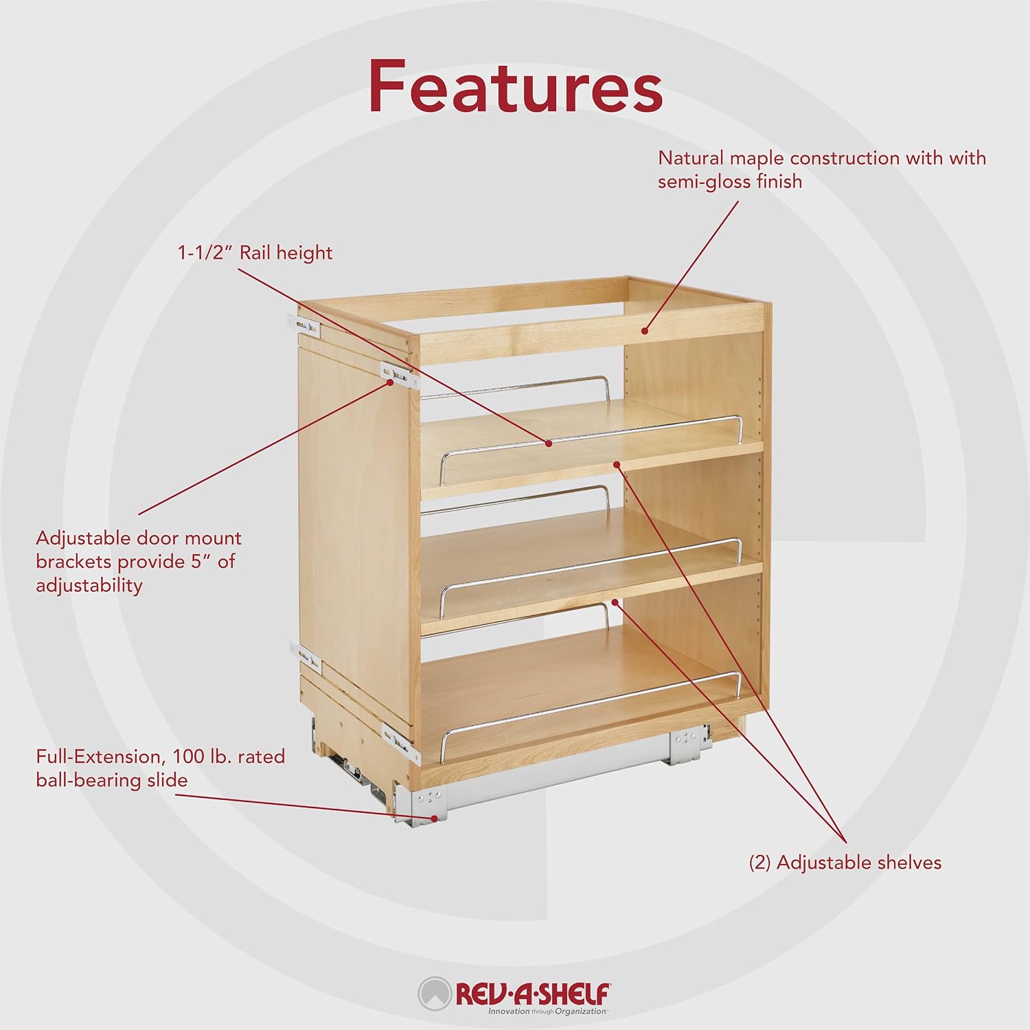 Rev-A-Shelf Pullout Kitchen Cabinet Organizer, Min Cabinet Opening 8.5" W | 8" W Slide Out Pantry Spice or Utensil Storage Rack with Adjustable Shelves for Base Cabinet Organization, 448-BC-8C