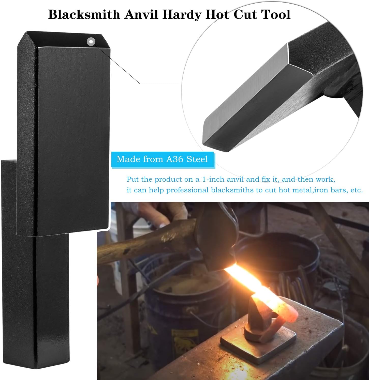 Blacksmith Anvil Hardy Tool Set 1Inch Creasing Tool Stake,Bottom Fuller,Hot Cut Tool,Turning Bending Scrolling Fork.(4PCS)