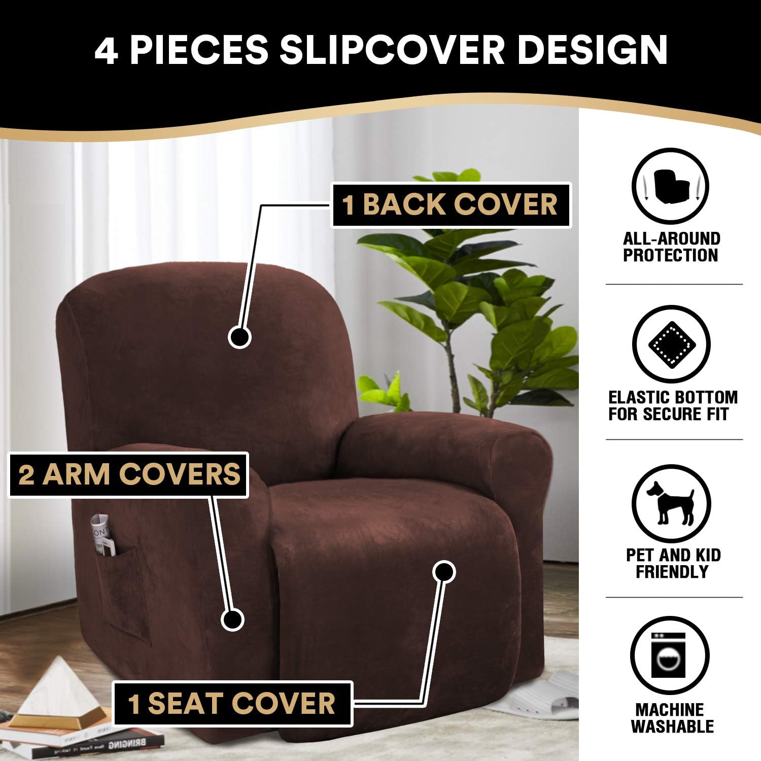 PrinceDeco Recliner Chair Cover Velvet Stretch Recliner Couch Covers 4-Pieces Style Recliner Chair Covers Recliner Cover for Reclining Chair