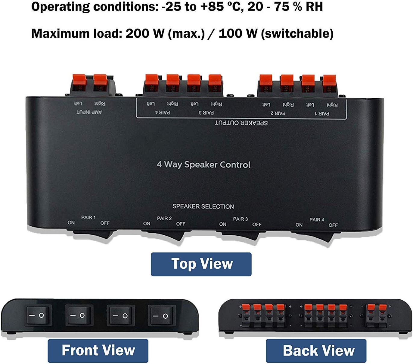 4-Channel Speaker Switcher Selector Box with Terminal Claps 200W RMS Max 100W Switchable, Black