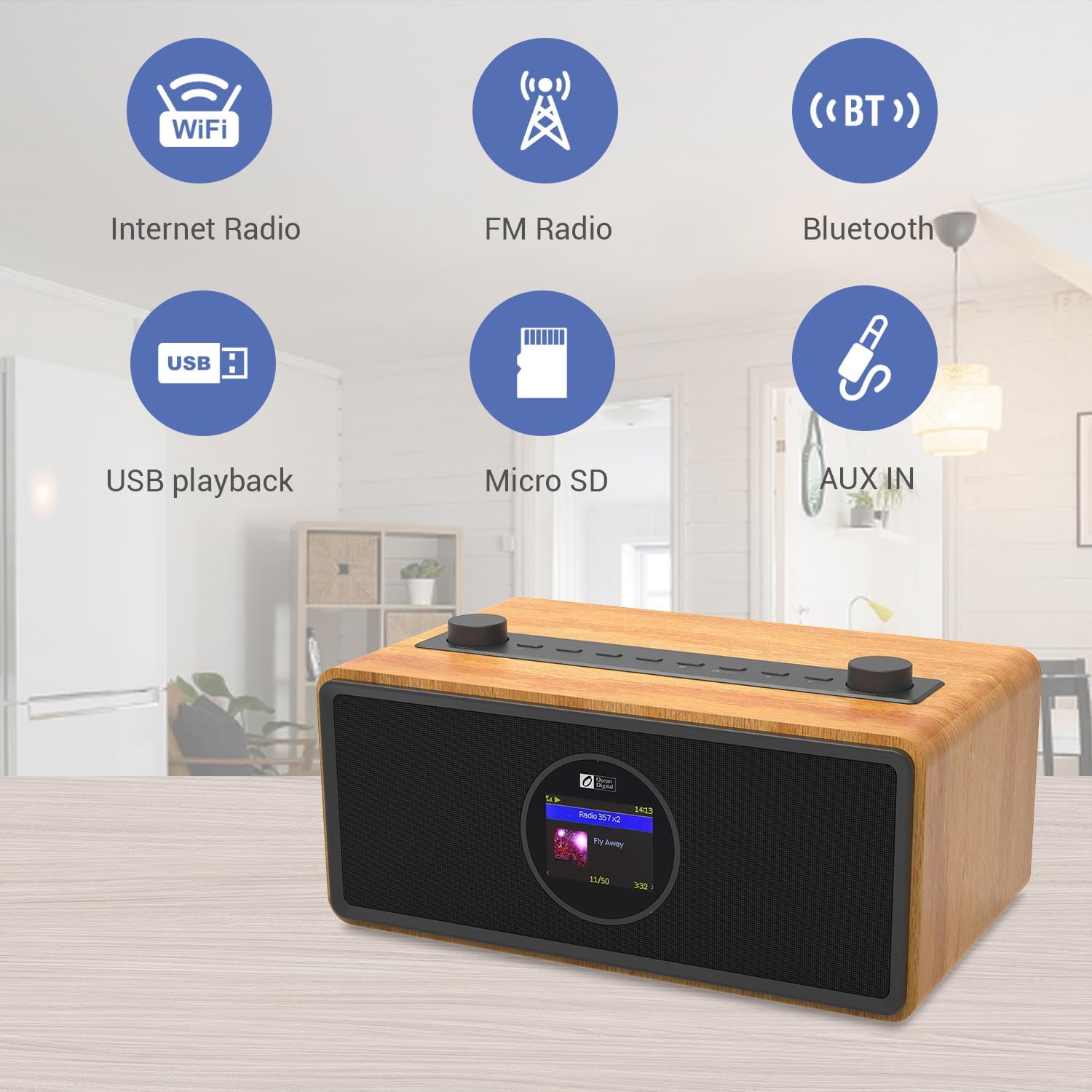 Ocean Digital WR-860 FM Wi-Fi Internet Radio with Stereo Speakers, Alarm Clock, Sleep Timer, Line Out, Aux in, Stress Relief, Relaxation and Sleep Aid