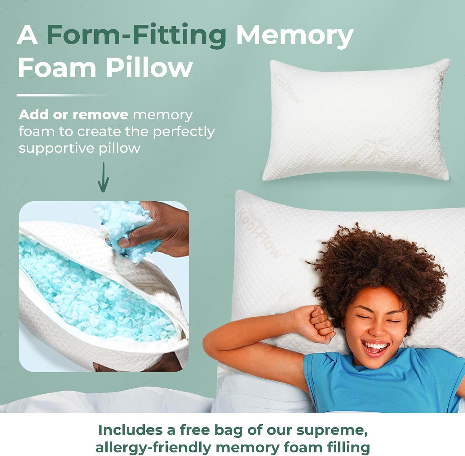 Snuggle-Pedic Adjustable Memory Foam Pillows - GreenGold Certified Pillow w/ Viscose of Bamboo Cover for Side, Stomach & Back Sleepers - Made in the USA - Standard