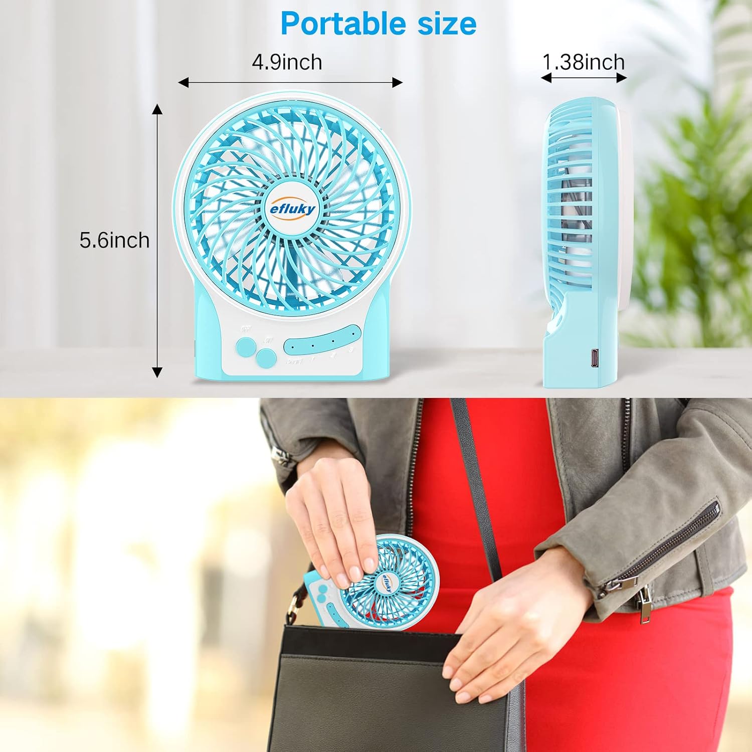 efluky 4.9-Inch Mini Desk Fan - 3 Speeds, Rechargeable Battery/USB Powered with LED Light, Quiet Portable Fan for Home, Office, Travel, Camping (Black)
