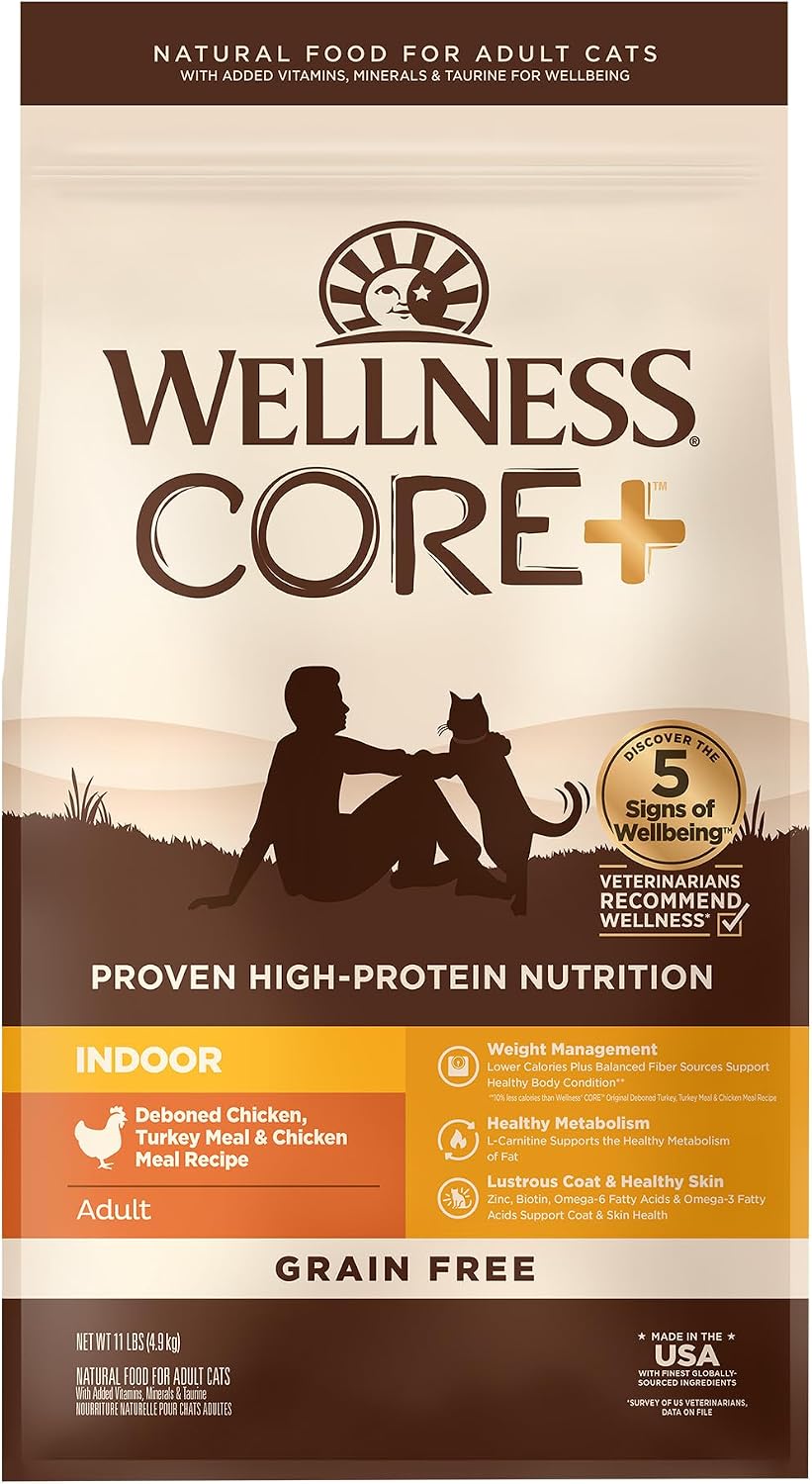 Wellness CORE+ Adult Dry Cat Food for Indoor Cats, Natural, Grain Free Kibble, Chicken, Turkey and Chicken Meal Recipe, 5 lb Bag