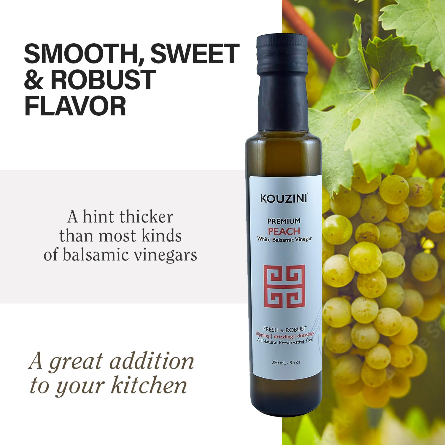 Kouzini Ultra-Premium Peach White Balsamic Vinegar, Aged, No Added Sugars or Preservatives, Ideal for Salads, Meats, Fish, Pizza, & Bread Dipping, Luxurious Balsamic Vinegar of Modena, 250ml