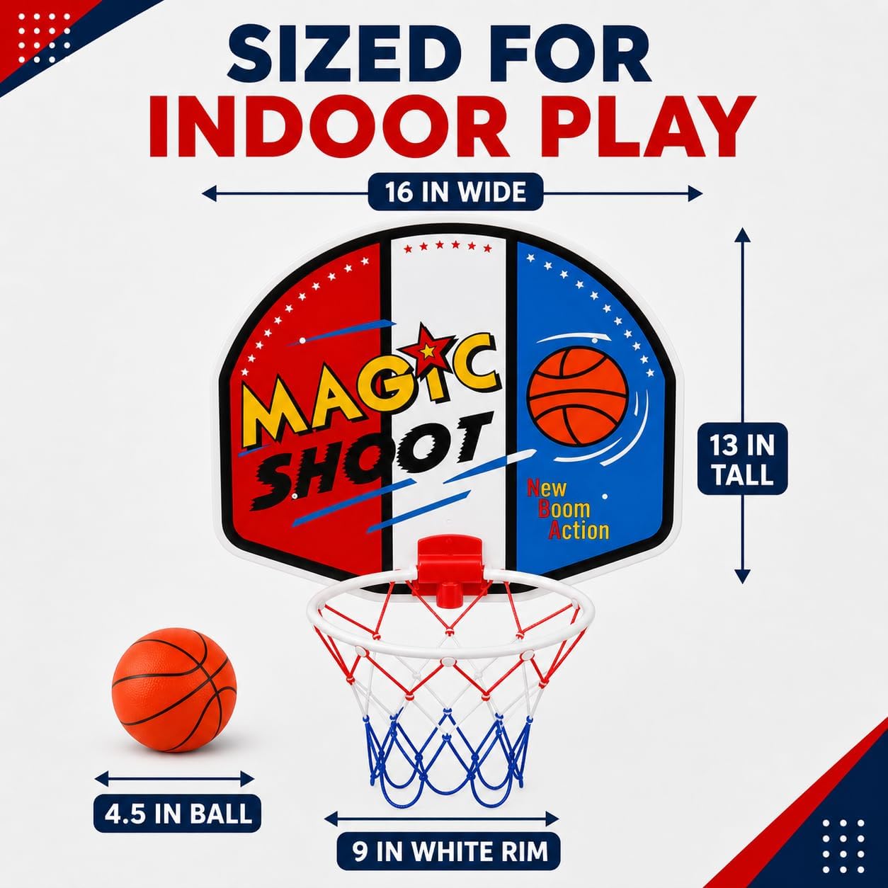 Indoor Mini Basketball Hoop Set, 16 x 13 in Backboard, Ball and Manual Pump | Over The Door Basketball Hoop With 9-Inch White Rim, 4.5-Inch Ball