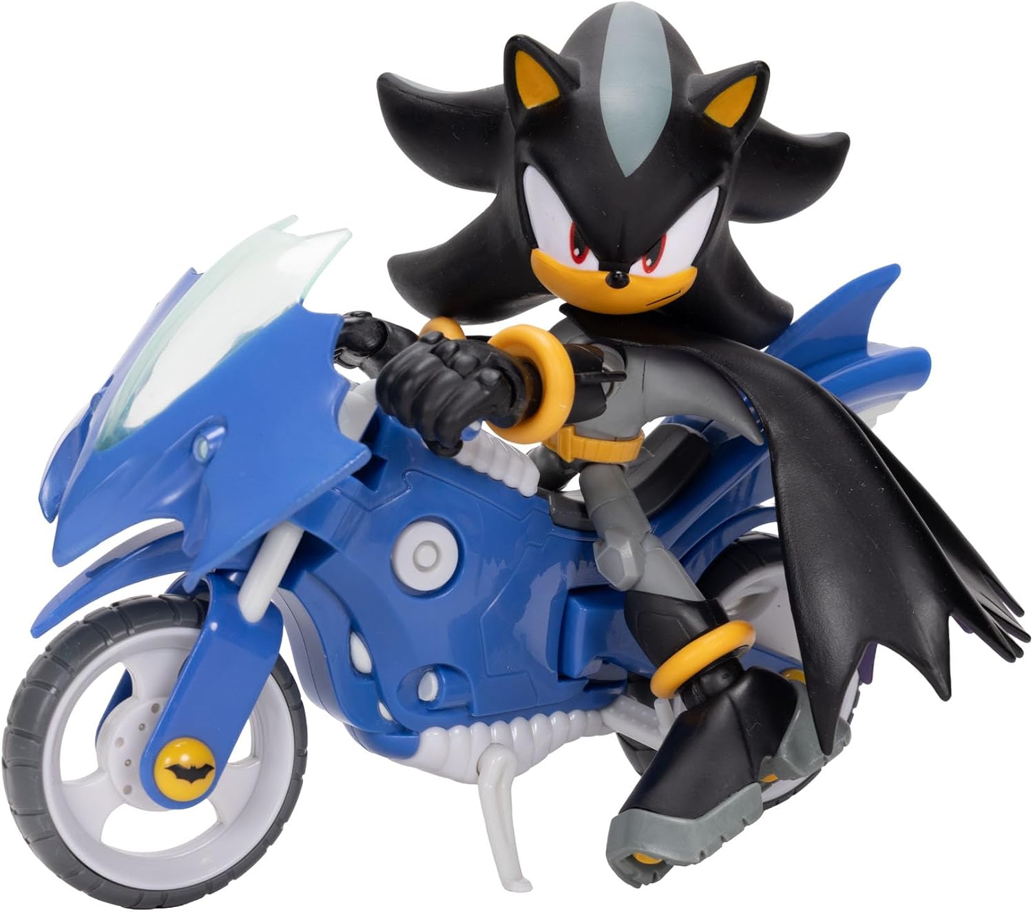 Sonic The Hedgehog DC x Sonic Shadow as Batman & Batcycle Action Figure Set, 5"/13cm, 22 Points of Articulation, Moving Wheels, Working Kickstand