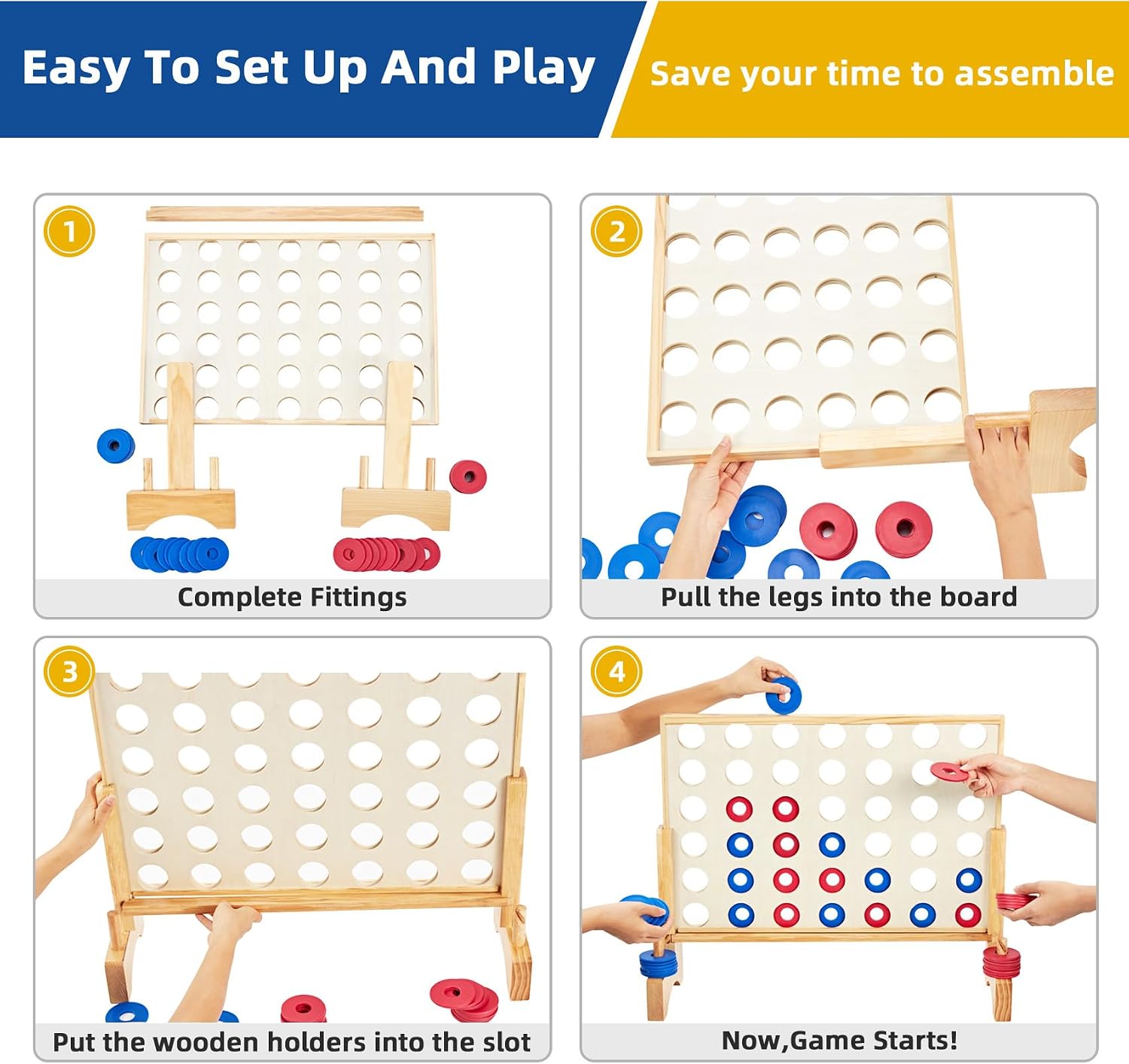 Giant 4 in a Row Game, Wooden 2.8Ft Outdoor Yard Game for Family