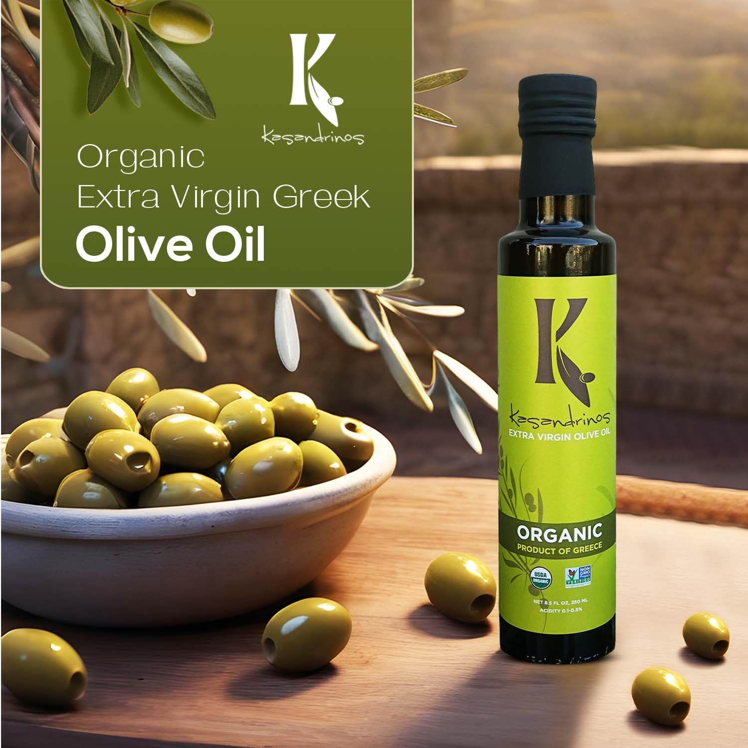 Kasandrinos Organic Olive Oil Extra Virgin, Polyphenol Rich Greek Olive Oil, 100% Organic First Cold Pressed, Mild + Delicate Flavor, Verified by Non GMO, 500 ml / 16.9 oz