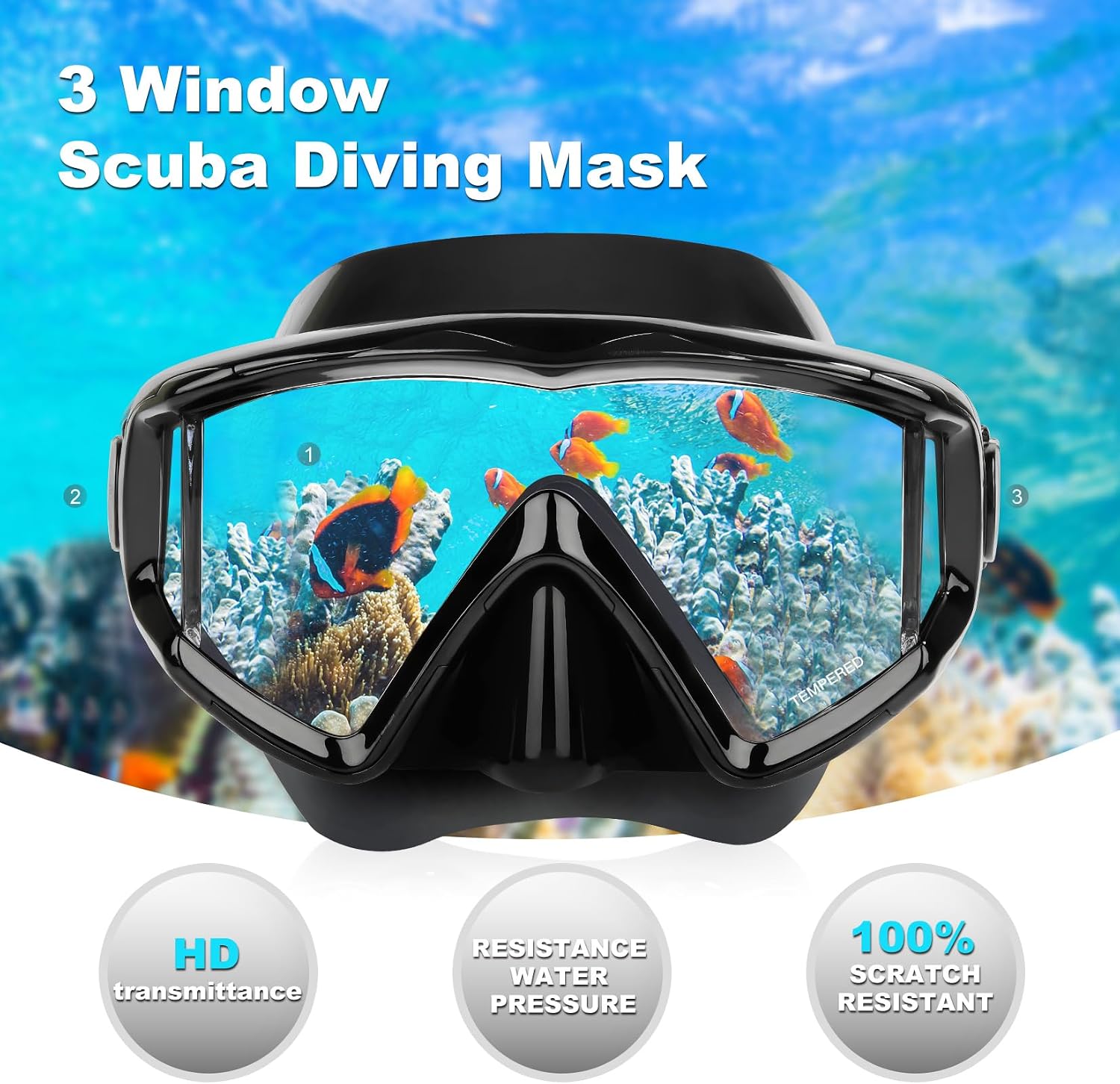 Adult Pano 3 Scuba Diving Mask, Tempered Glass Snorkel Mask Anti-Fog Swim Mask No Leakage Swim Goggles with Nose Cover Snorkeling Gear for Snorkeling