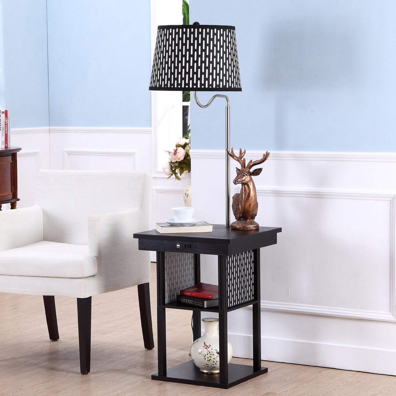 Brightech Madison Side Table with Lamp Combo with LED Bulb, Desk Lamp with USB Port, Bedside Reading Light, Modern End Table with Floor Lamp for Bedroom, Living Room, Office - Havana Brown