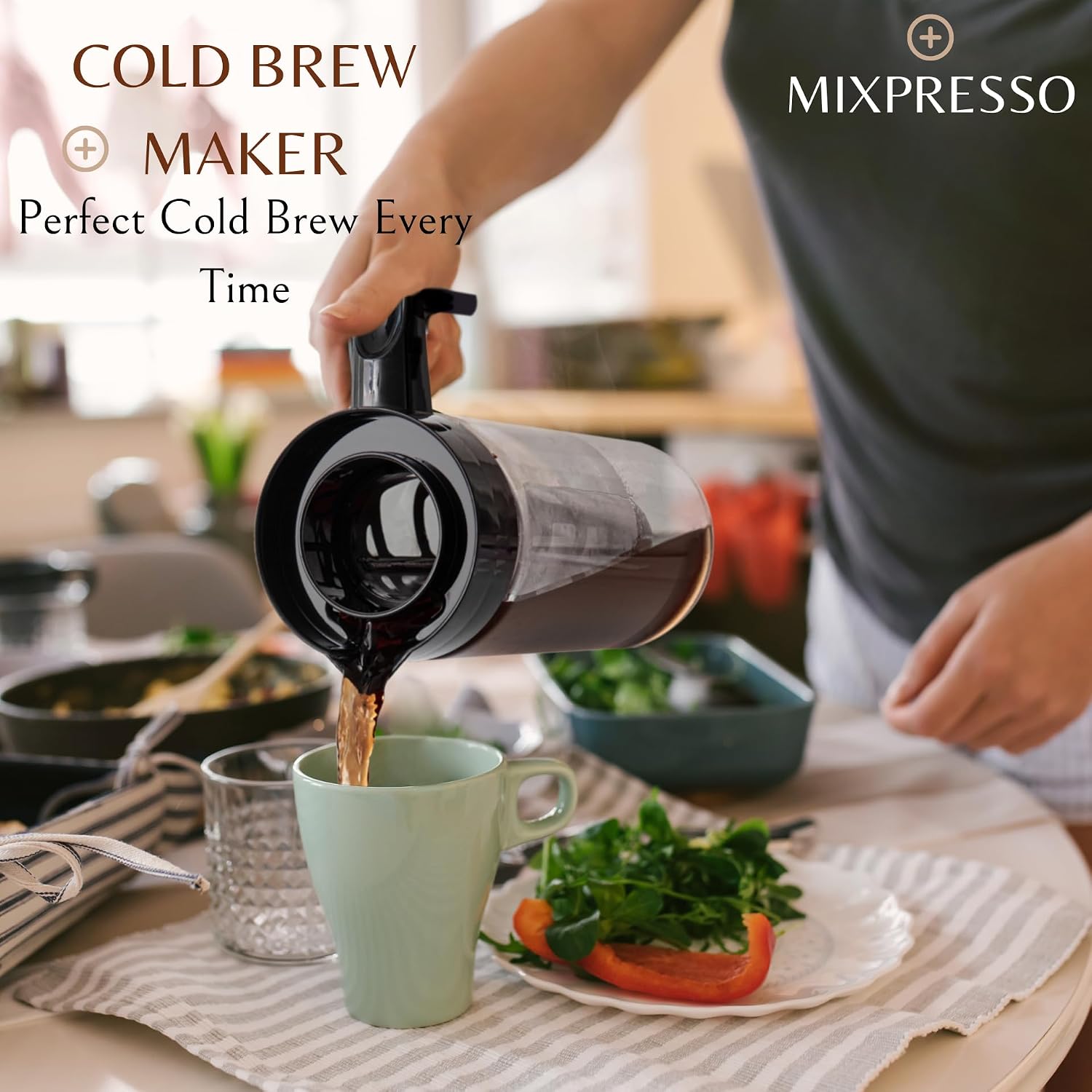 Mixpresso Cold Brew Coffee Maker, 44 Oz Glass Cold Brew Pitcher with Filter | Iced Coffee & Tea Maker with Reusable Mesh Filter
