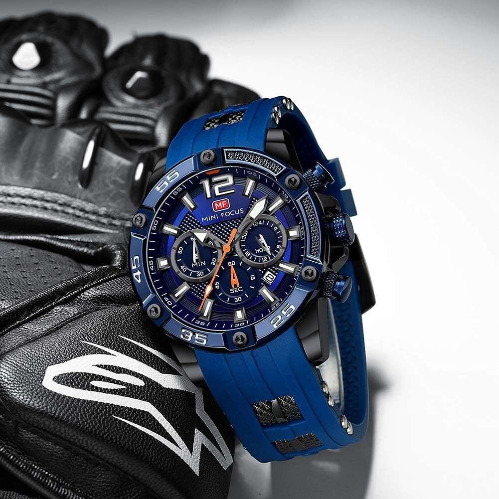 MF MINI FOCUS Men Watch, Chronograph Waterproof Sport Analog Quartz Watches Blue Silicon Strap Fashion Wristwatch for Men