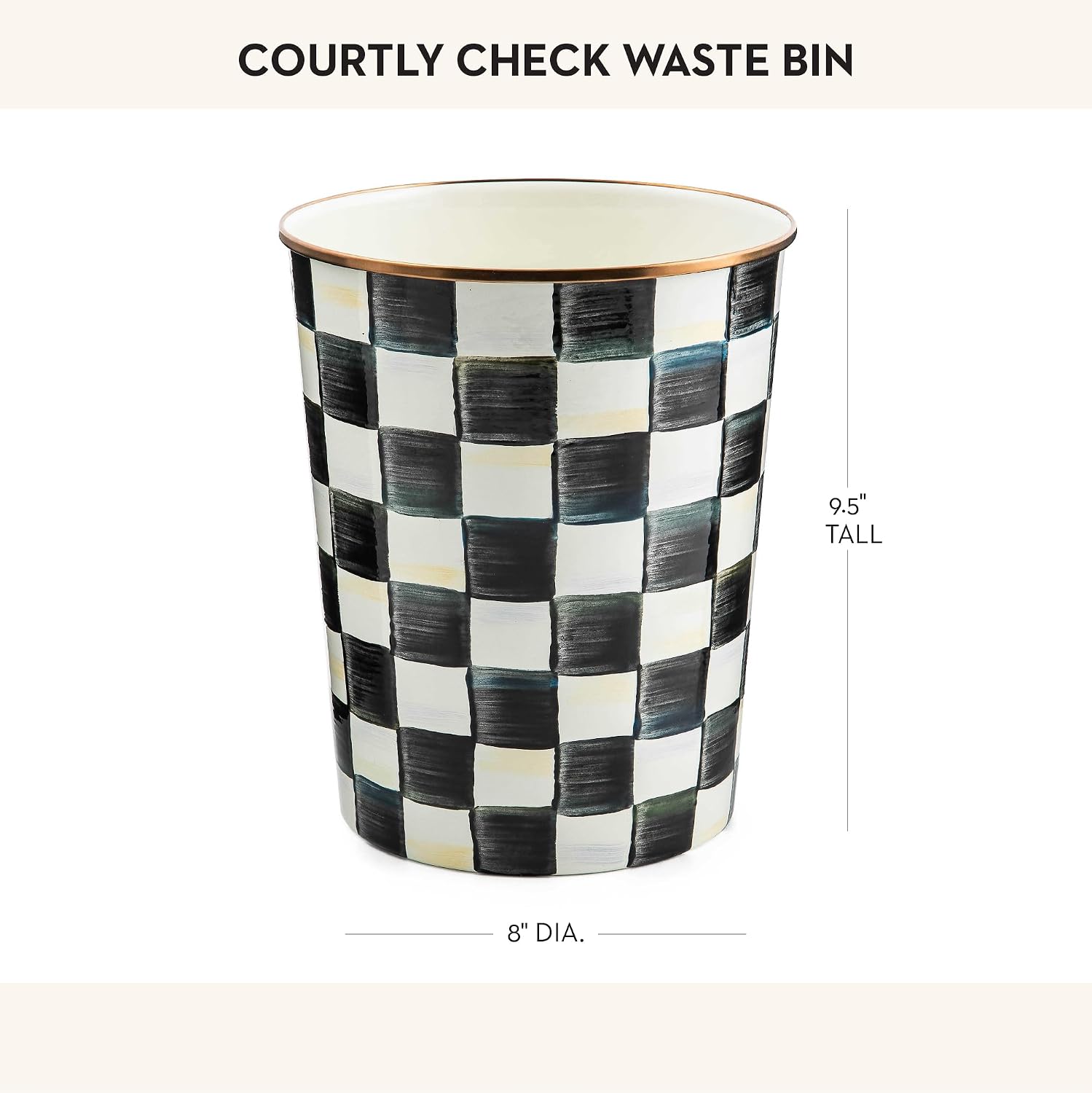 MACKENZIE-CHILDS Waste Bin, Black-and-White Courtly Check | Hand-painted design, made from enameled steel, decorative bedroom or bathroom trash can, 8" dia. x 9.5" H