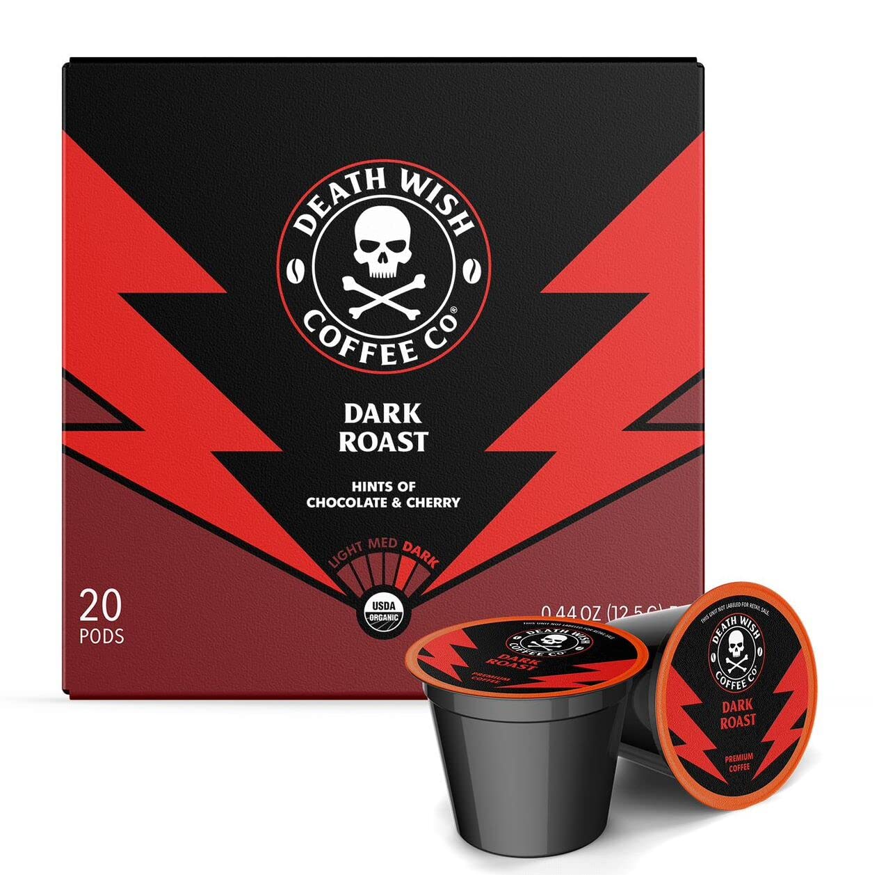Death Wish Coffee Dark Roast Single Serve Coffee Pods, Organic, 50 Count | Fair Trade Arabica & Robusta, Baker's Chocolate & Cherry Notes, Low Acidity, Heavy Smooth Body, Bold & Intense