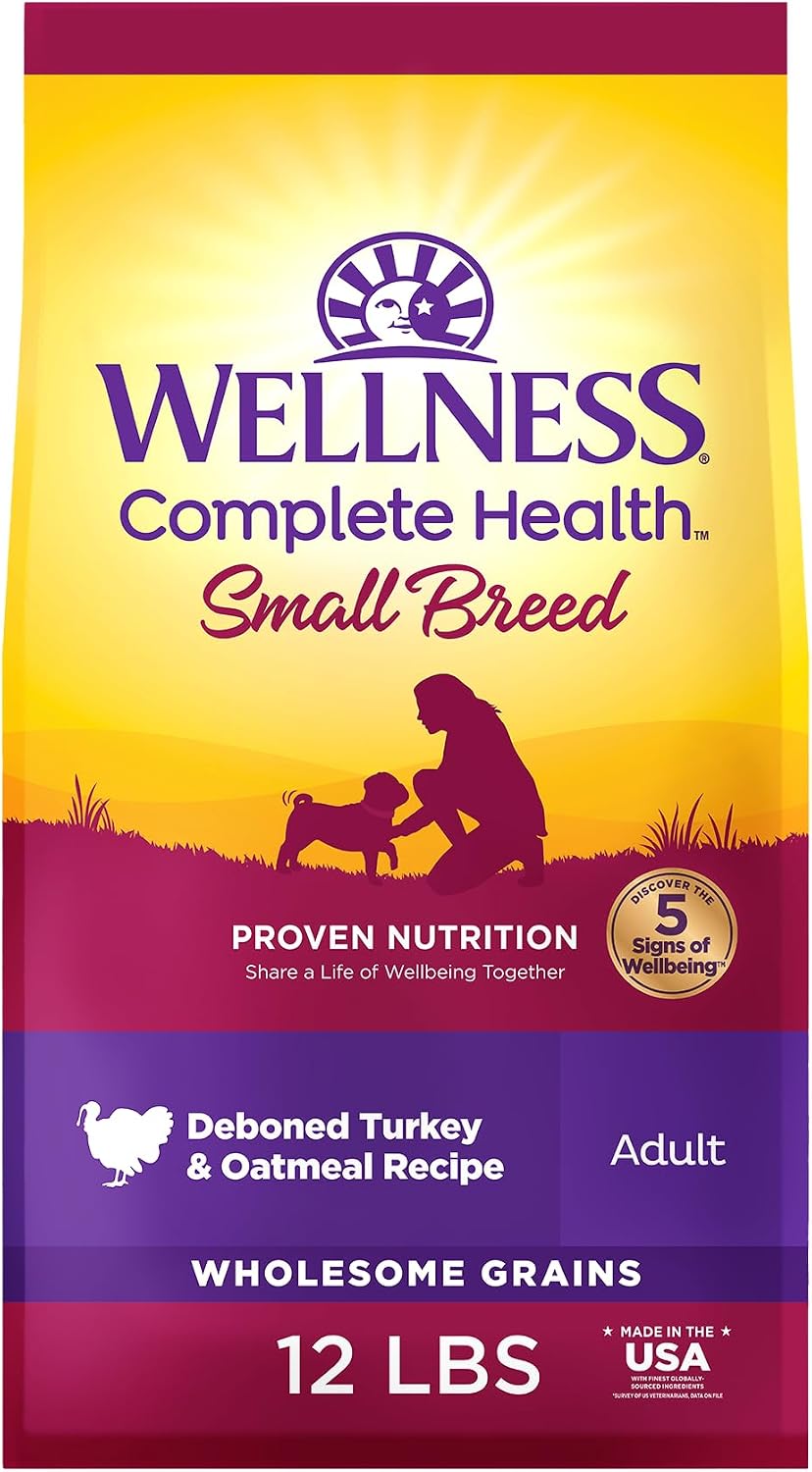 Wellness Complete Health Small Breed Adult Dry Dog Food, Wholesome Grain Kibble, Natural, Turkey and Oatmeal Recipe, 4 lb Bag