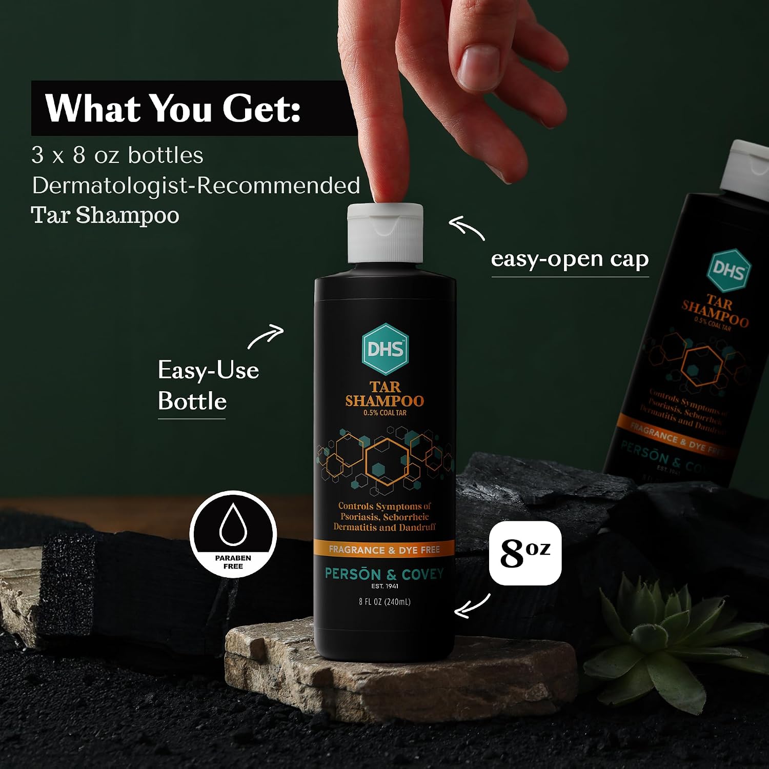 DHS Person & Covey, Inc Coal Tar Shampoo - Dandruff Shampoo for Men & Women, Psoriasis & Dandruff Hair Care for Itchy Scalp, Unscented Seborrheic Dermatitis Hair Care - 8 Fl Oz, Pack of 2